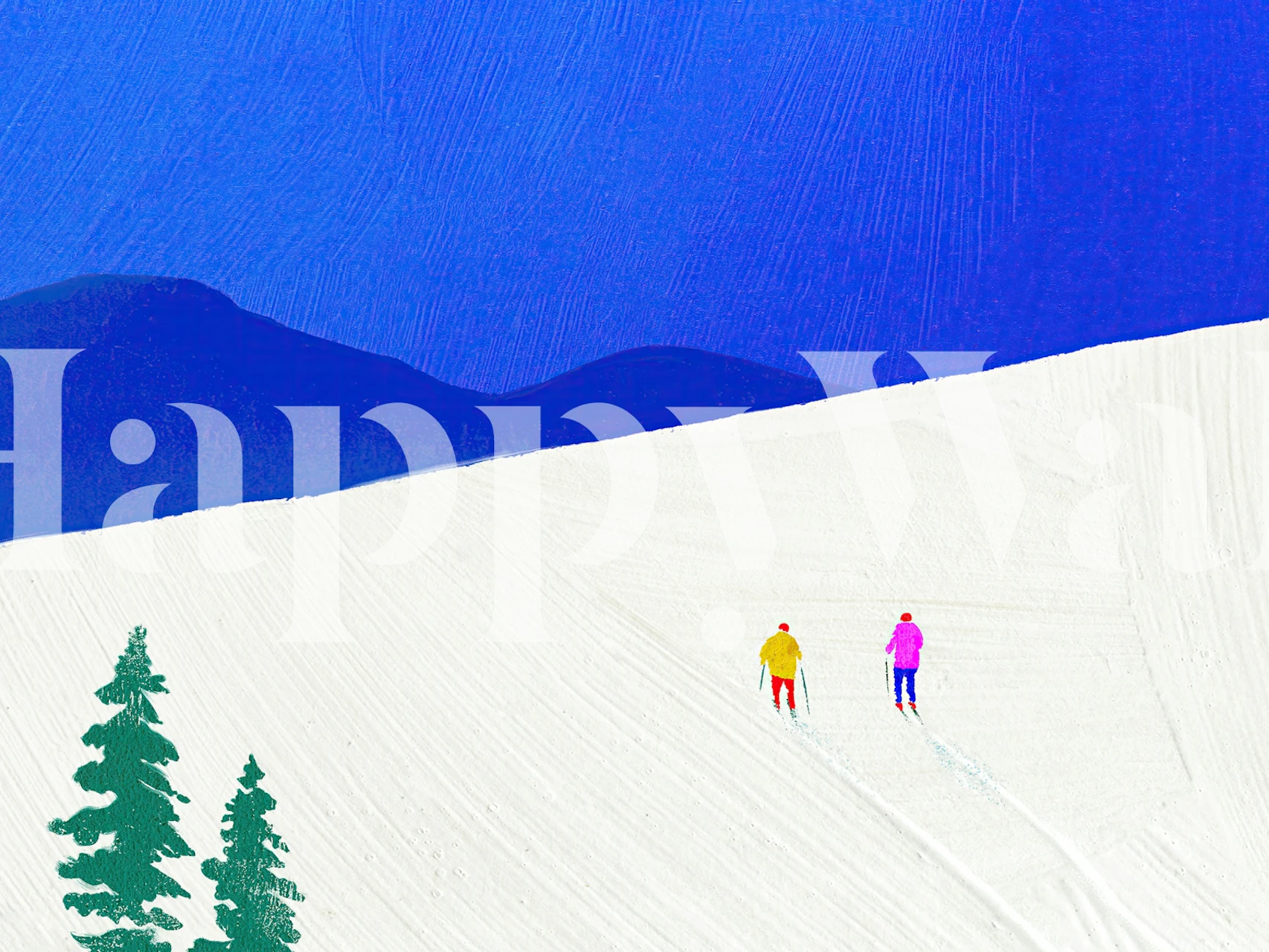 Skiers on snowy mountain landscape with blue sky wallpaper