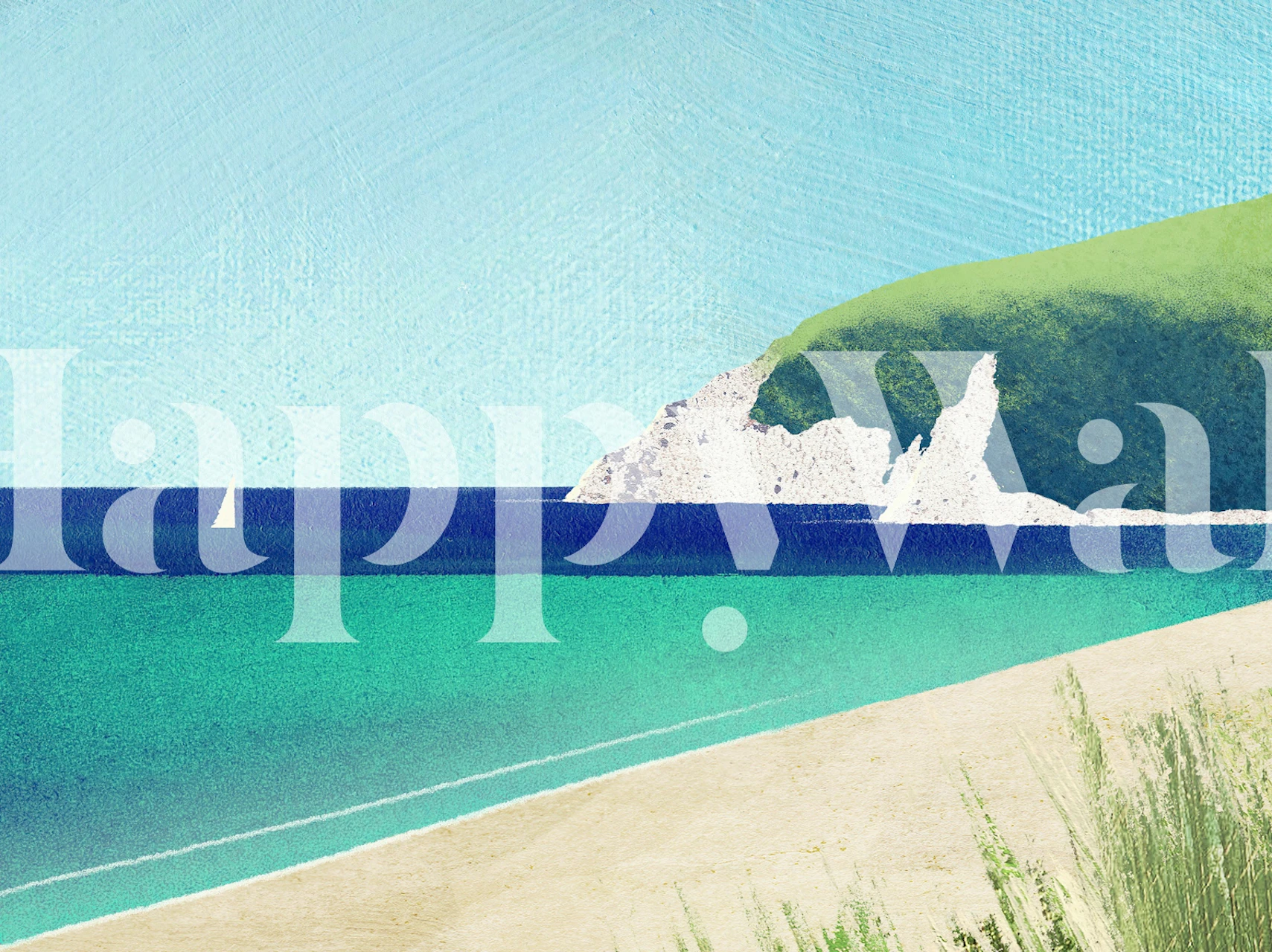 Beach landscape with blue ocean, green hills, and white sailboat wallpaper