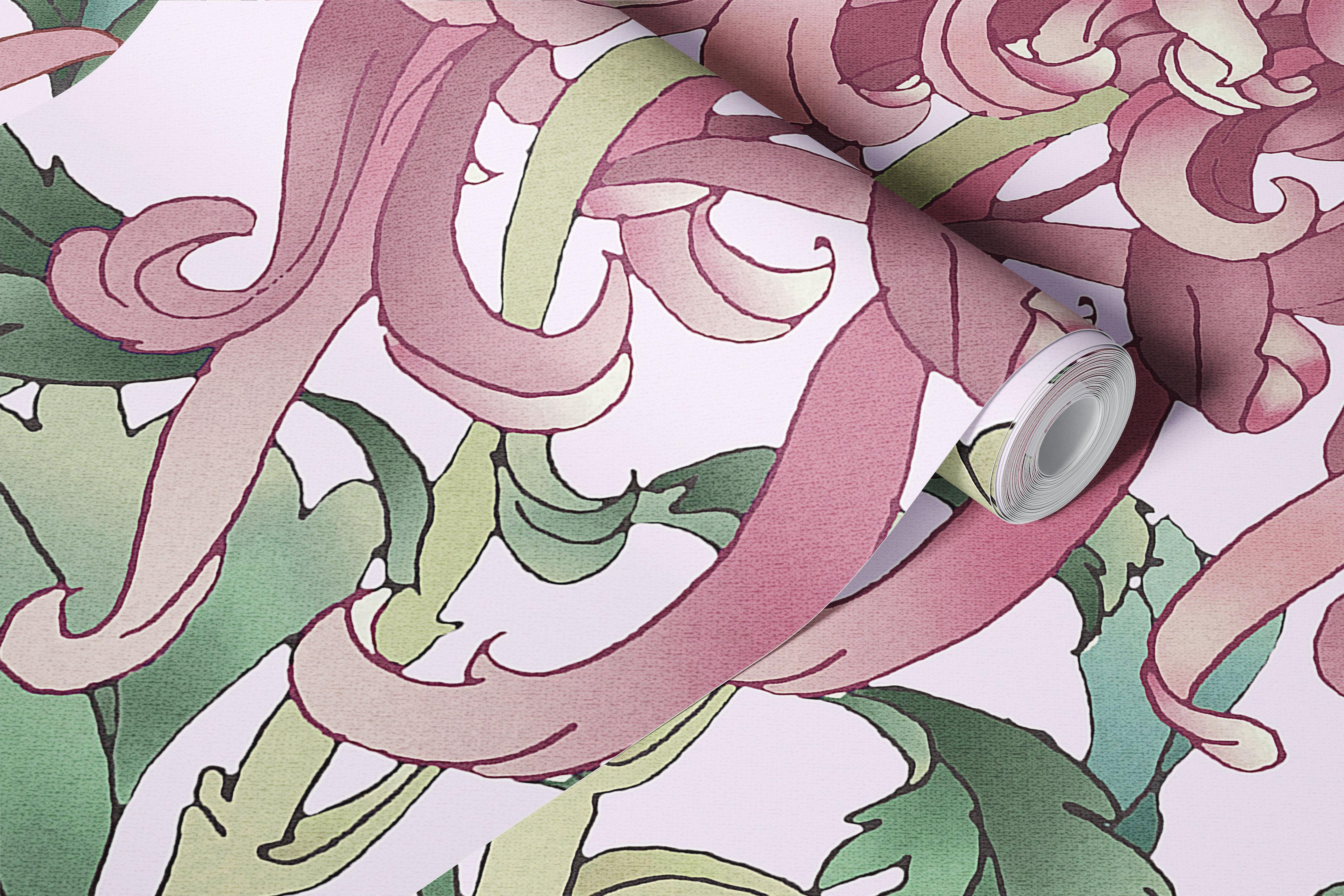 Botanical Charm Delight pink wallpaper displayed in a room