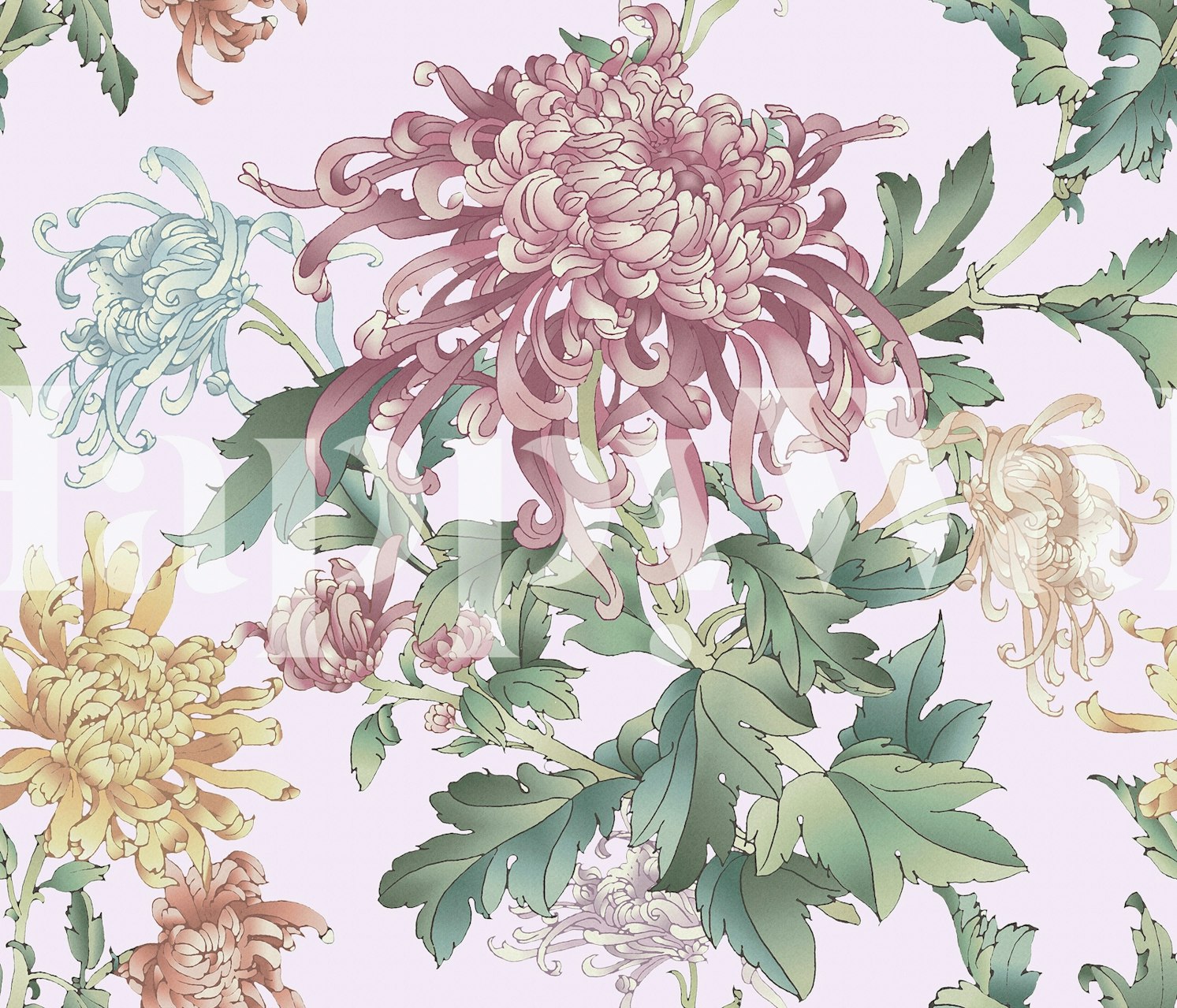 Ταπετσαρία Botanical Charm Delight pink εκτεθειμένη σε ένα δωμάτιο