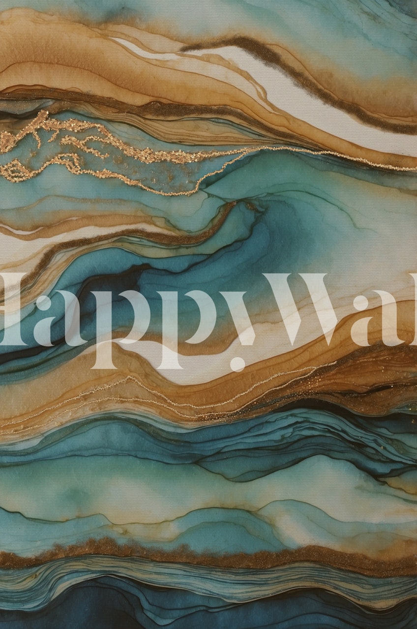Ocean Layers Teal Blue Gold Sand Marble wallpaper in a room