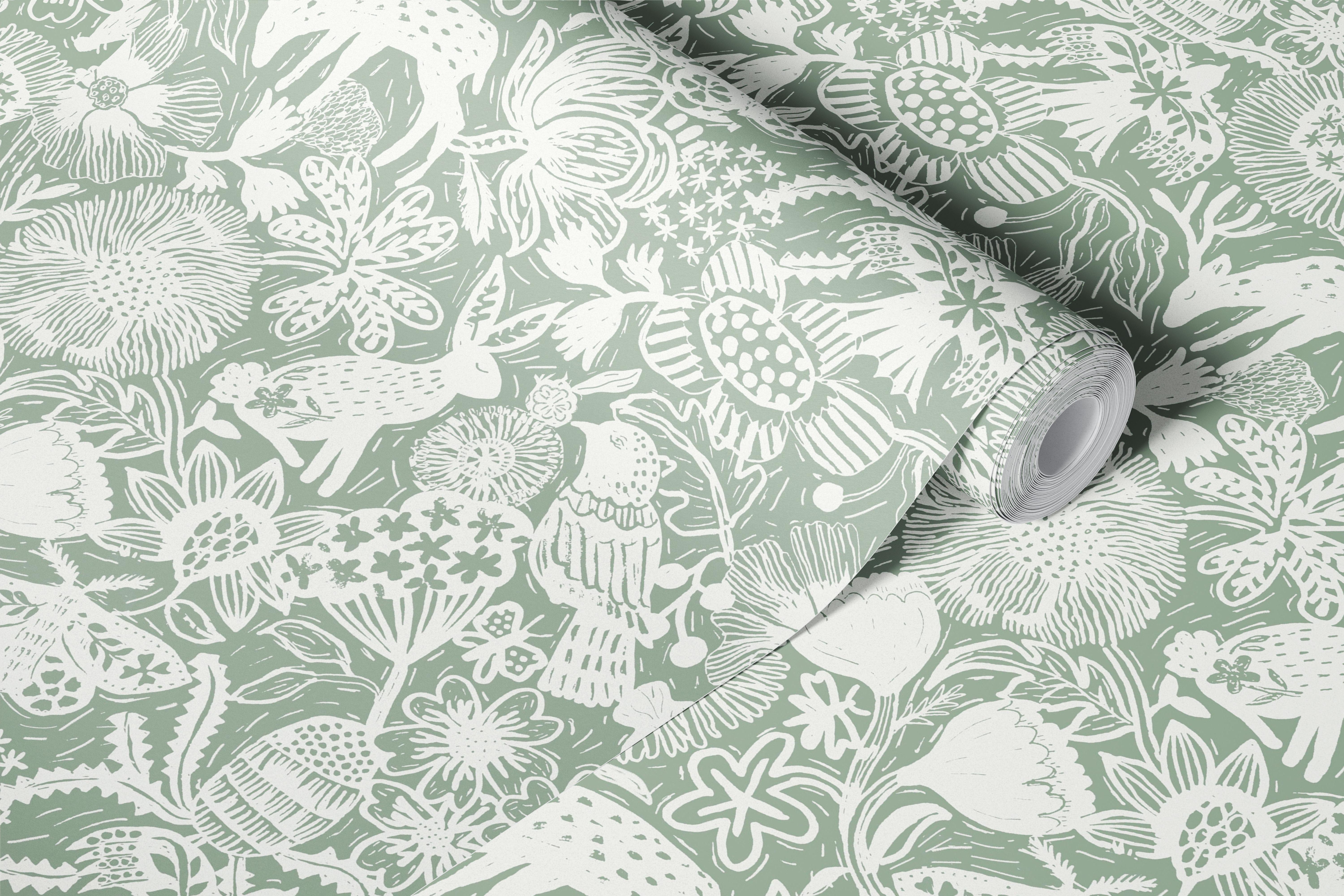 Sage green floral and animal wallpaper design