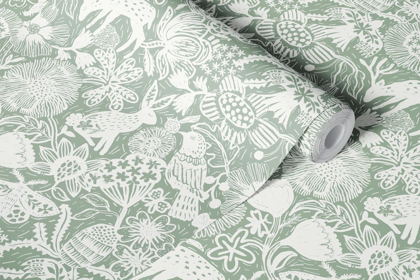 Block Print Floral and animals sage green wallpaper roll