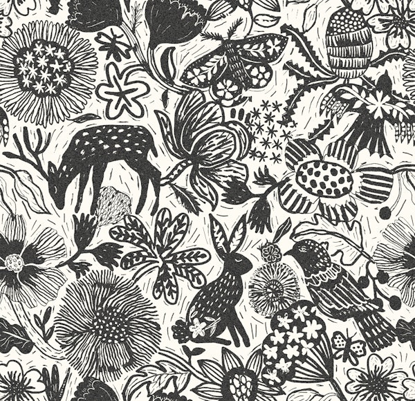 Block Print Floral And Animals Black