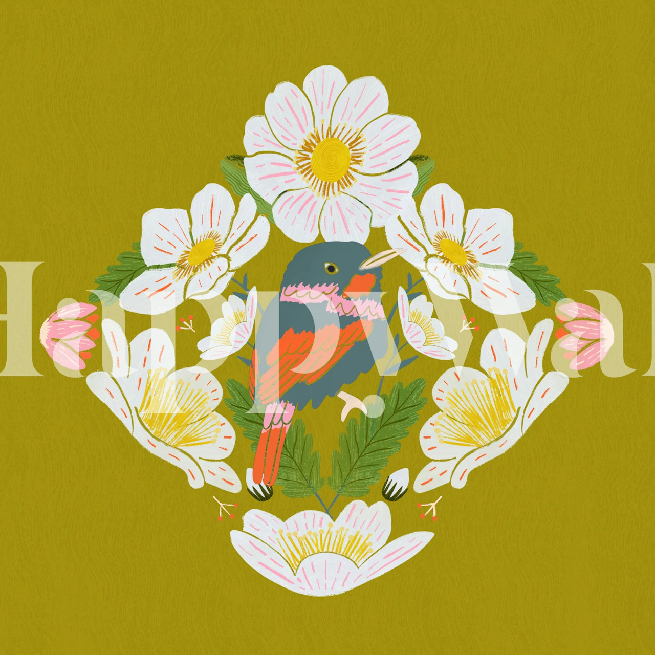 Blossom Bird Haven -tapetti esitelty huoneessa