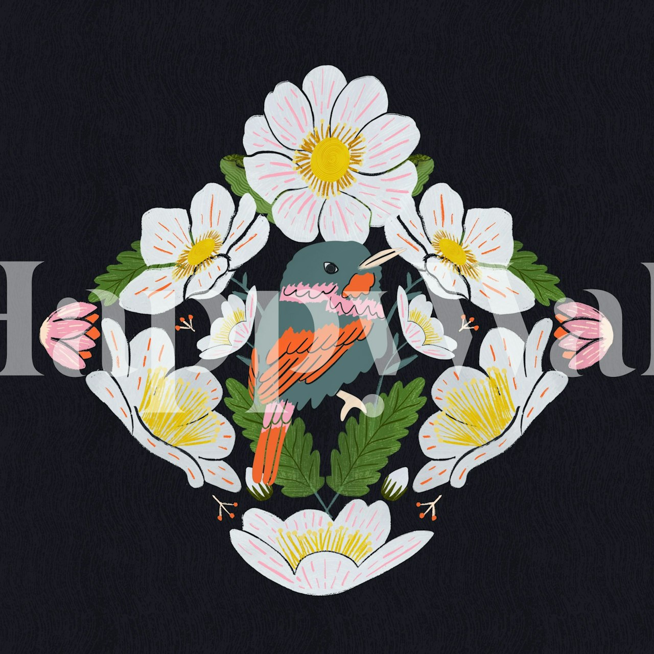 Floral design with a songbird on a dark background wallpaper