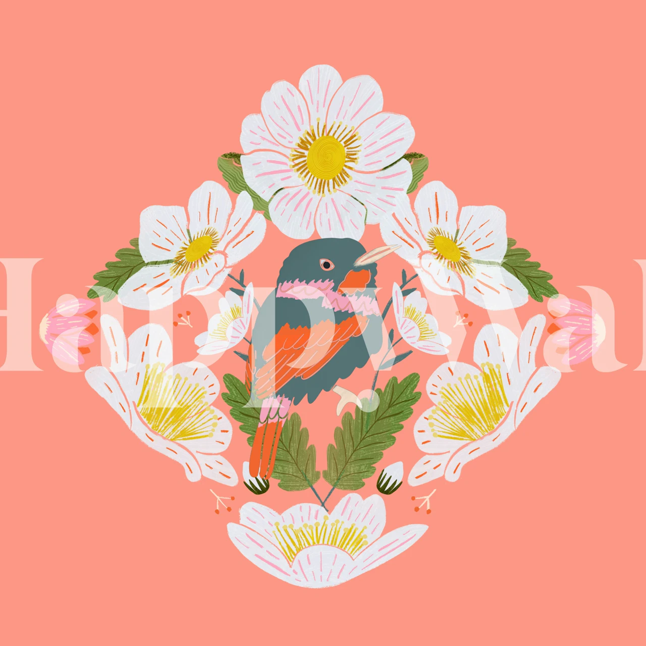 Bird surrounded by pink flowers on coral background wallpaper