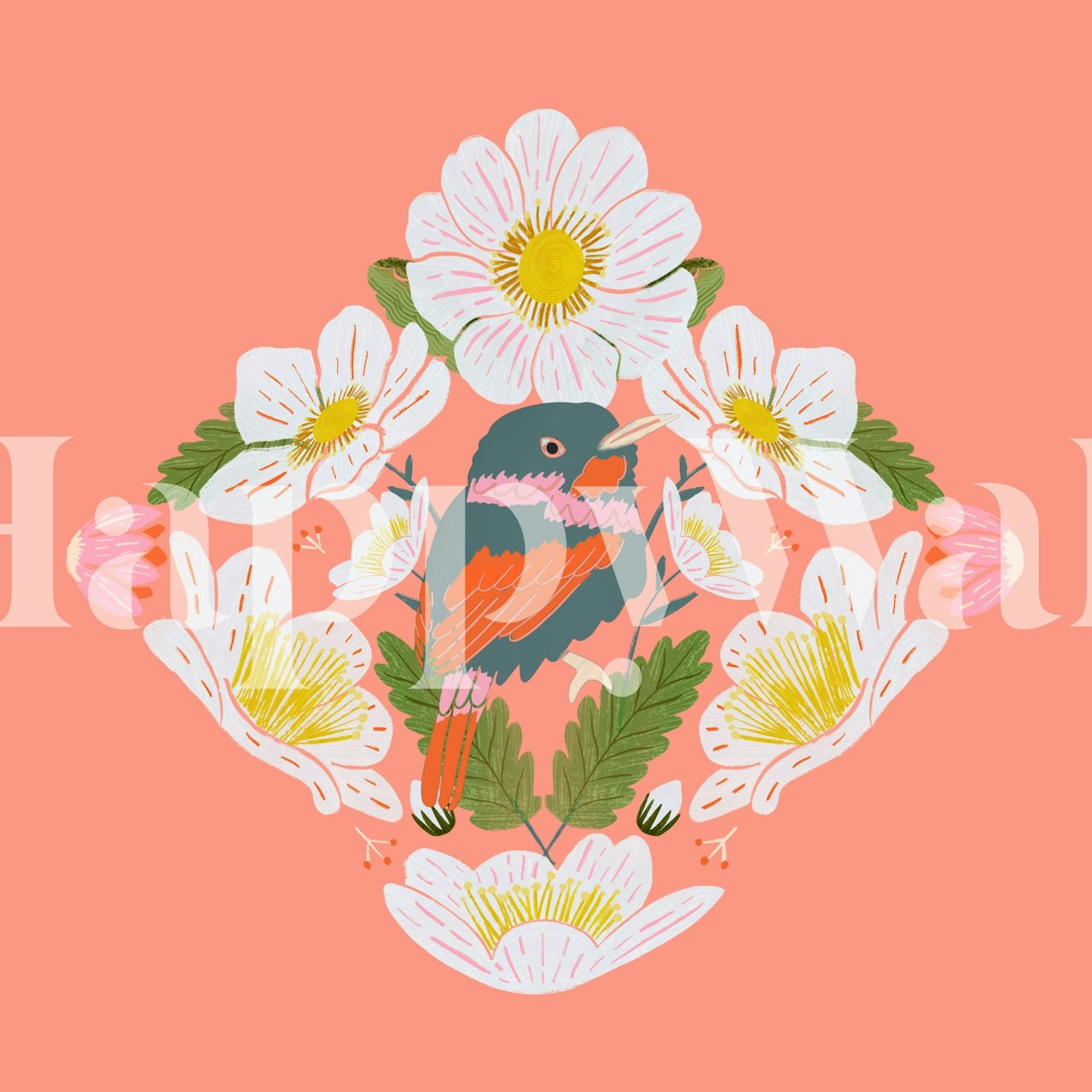 Bird surrounded by pink flowers on coral background wallpaper