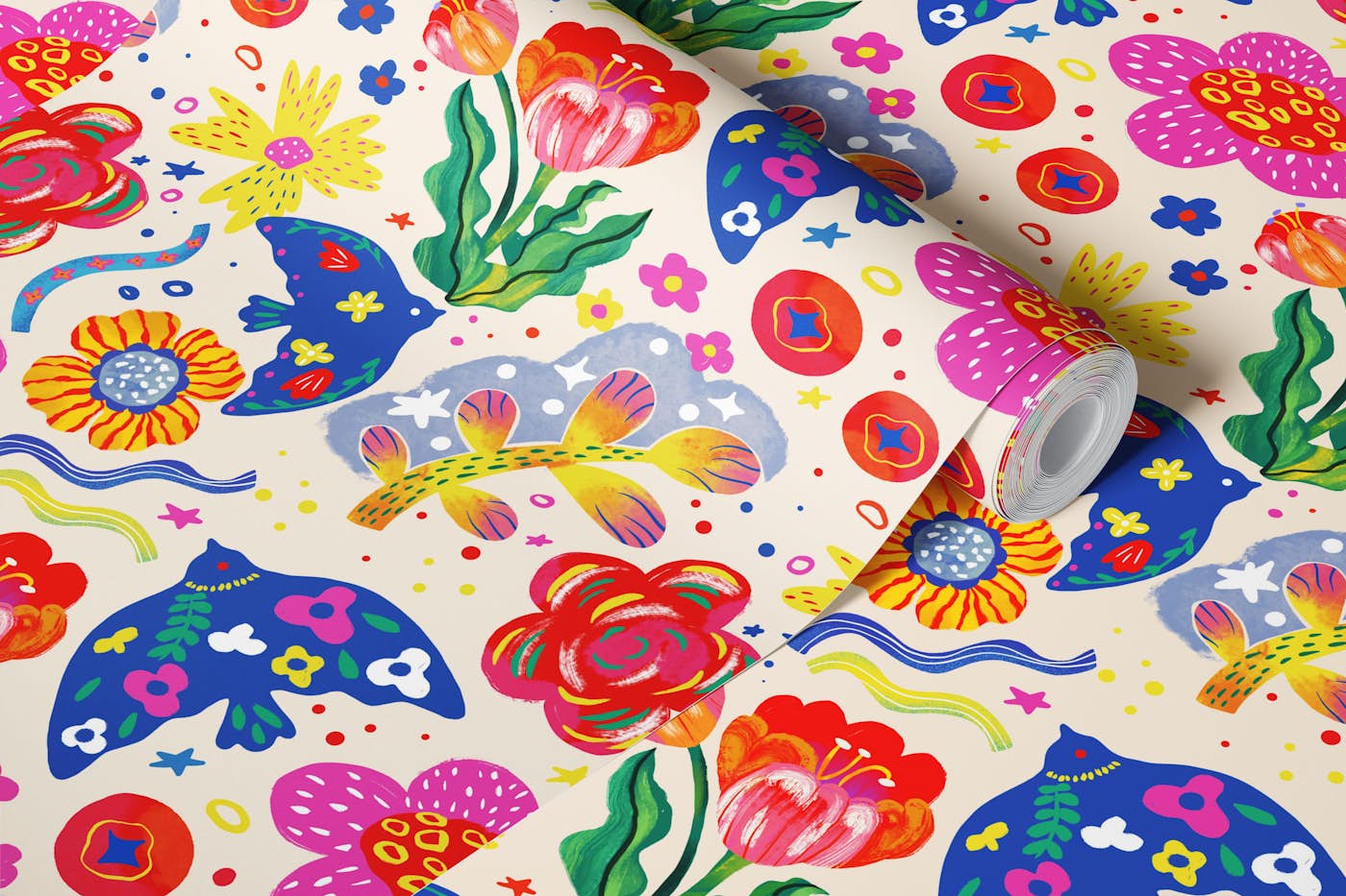 Vibrant Blooms and Birds wallpaper roll