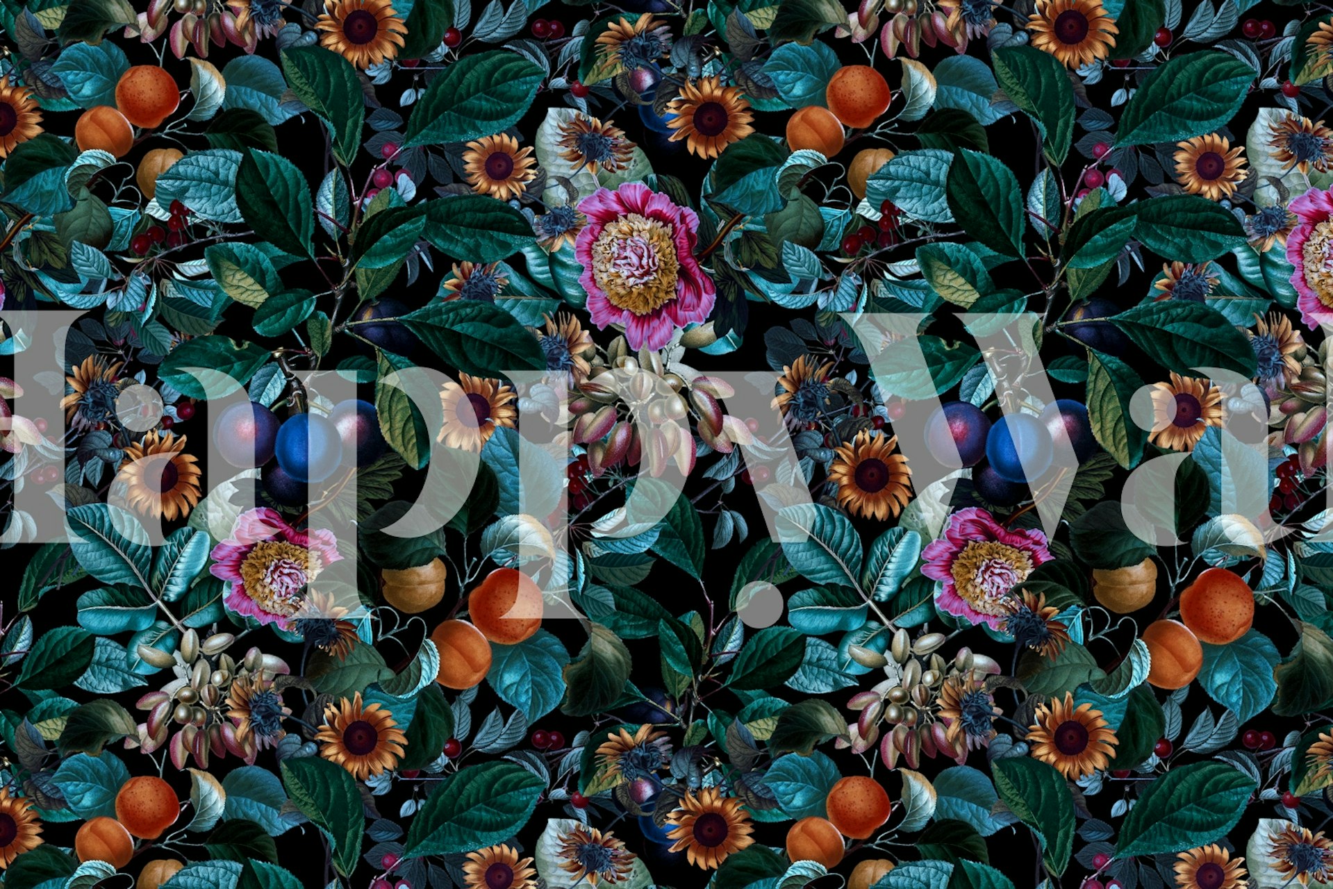 Dark floral pattern with fruits and leaves on black wallpaper