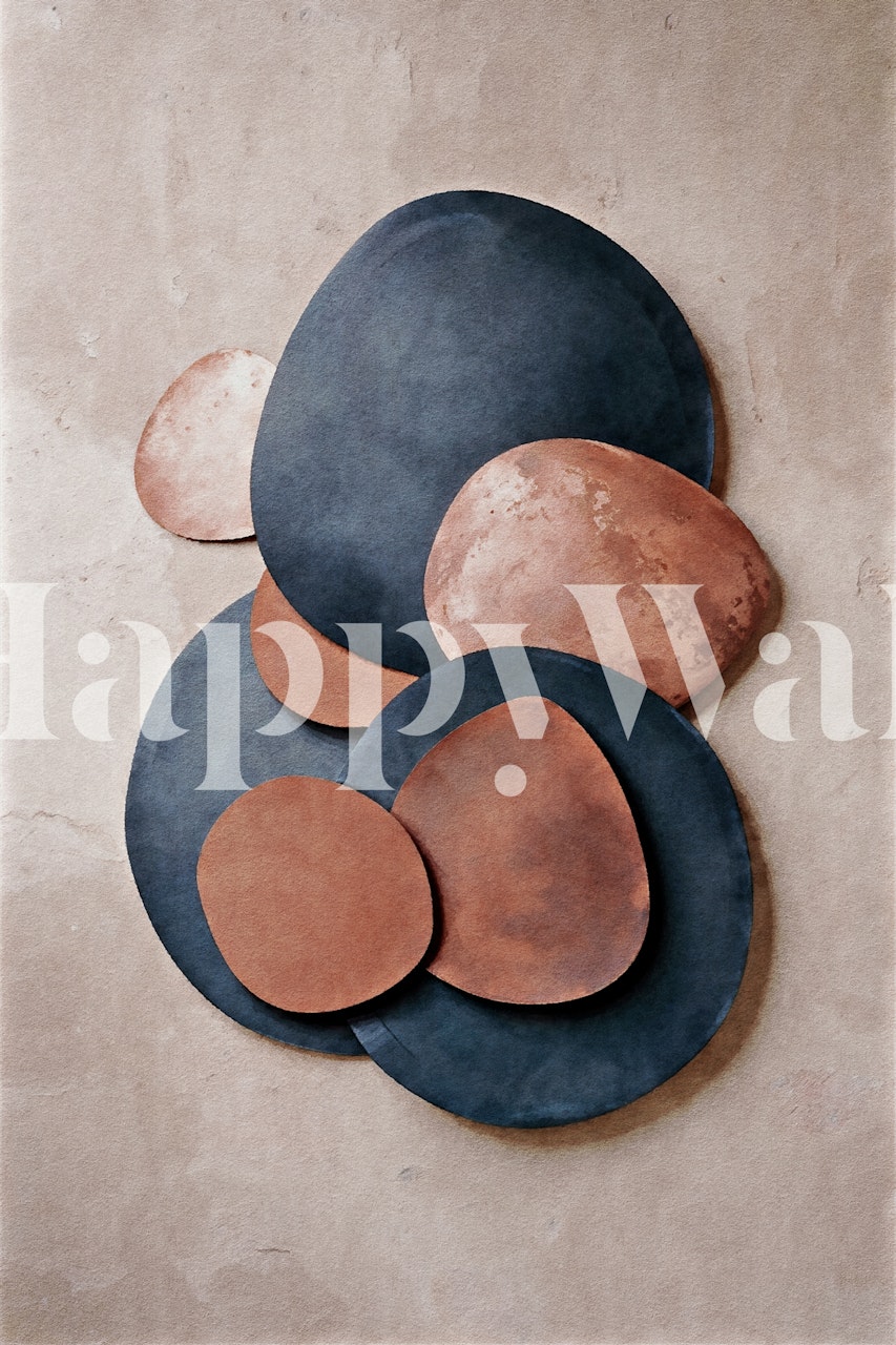 Organic shapes in copper, blue, and beige on textured background wallpaper