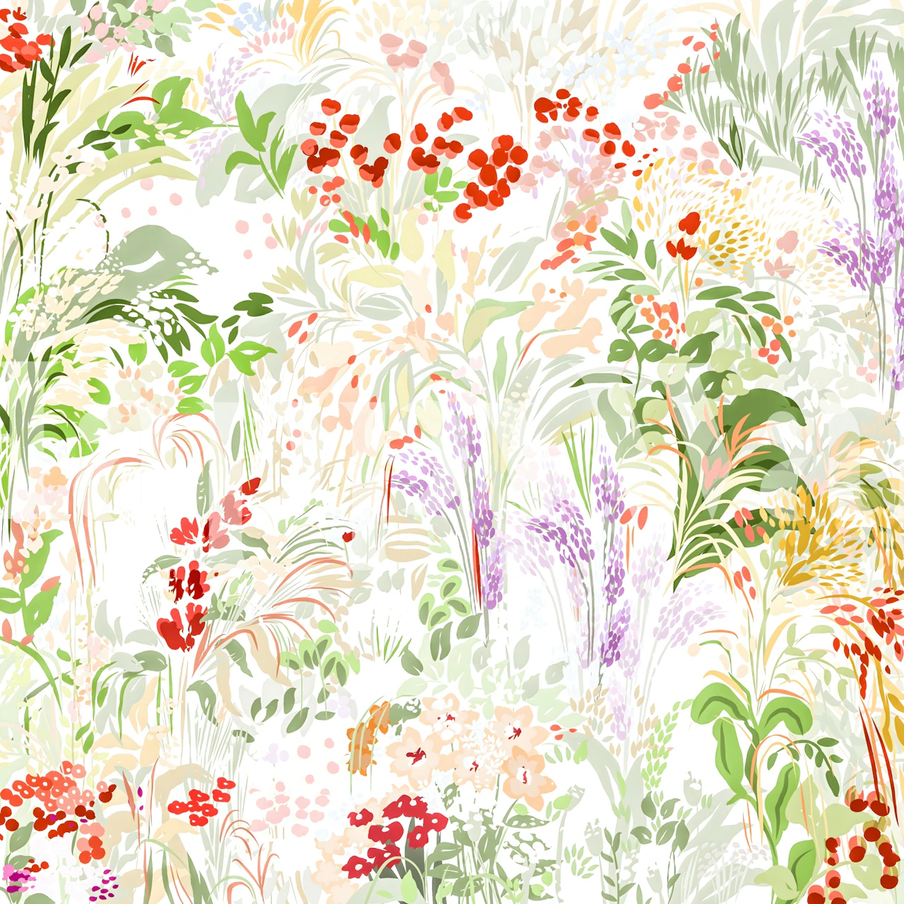 Pastel floral patterns in pink, red, purple, and green on white wallpaper