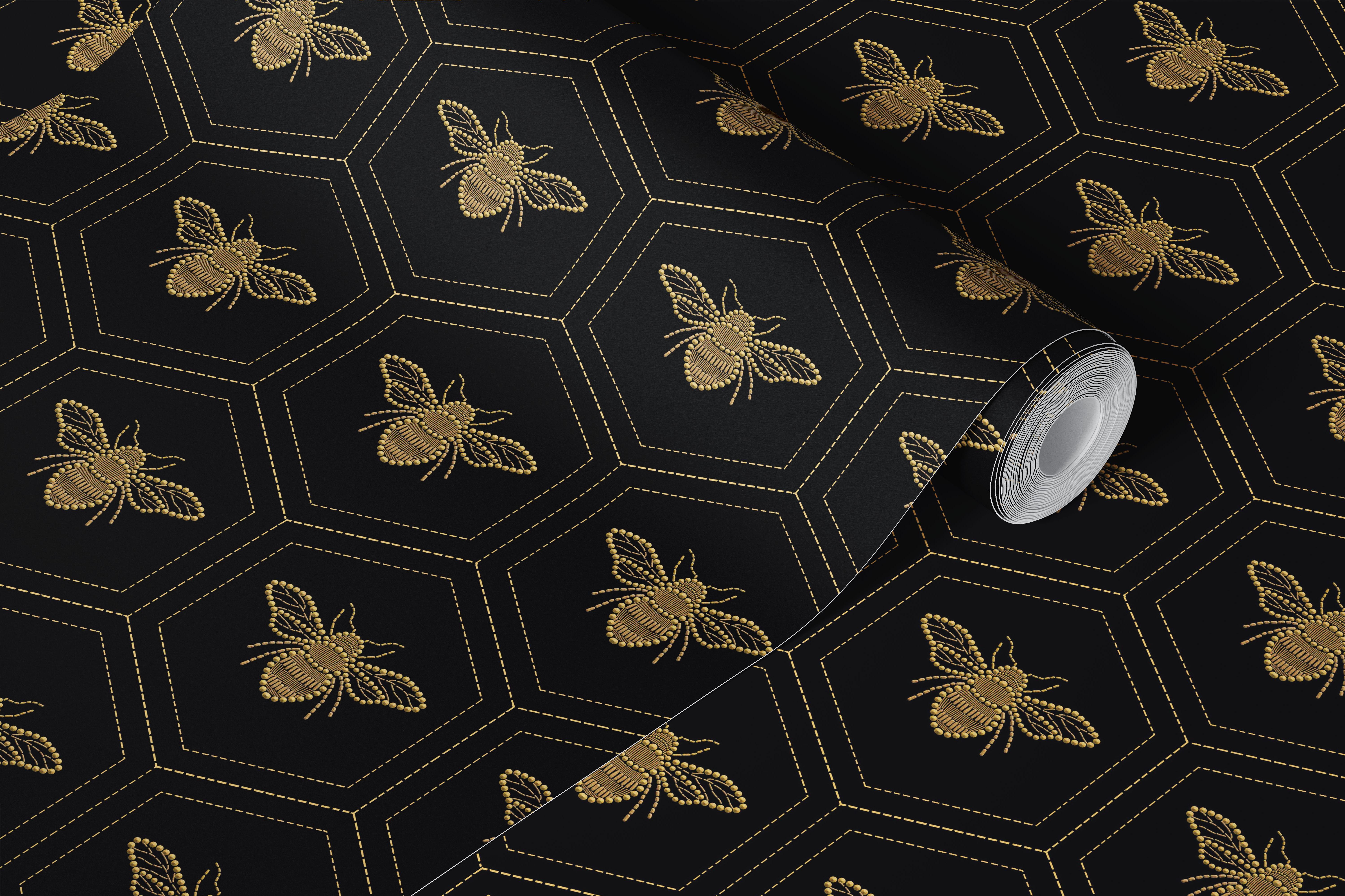 Honeycomb pattern with gold bees on a black background wallpaper