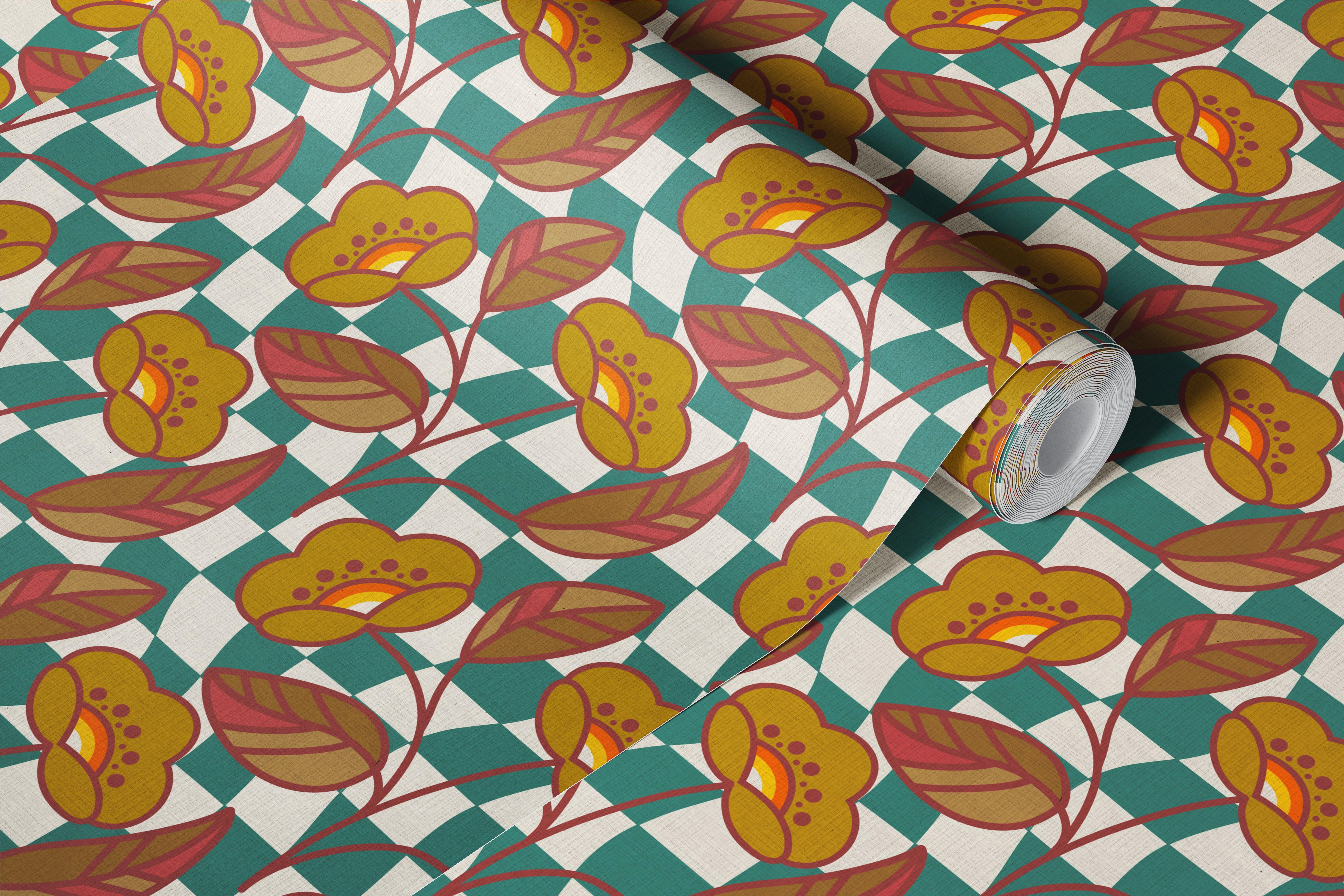 Teal checkerboard design with floral patterns and brown leaves wallpaper