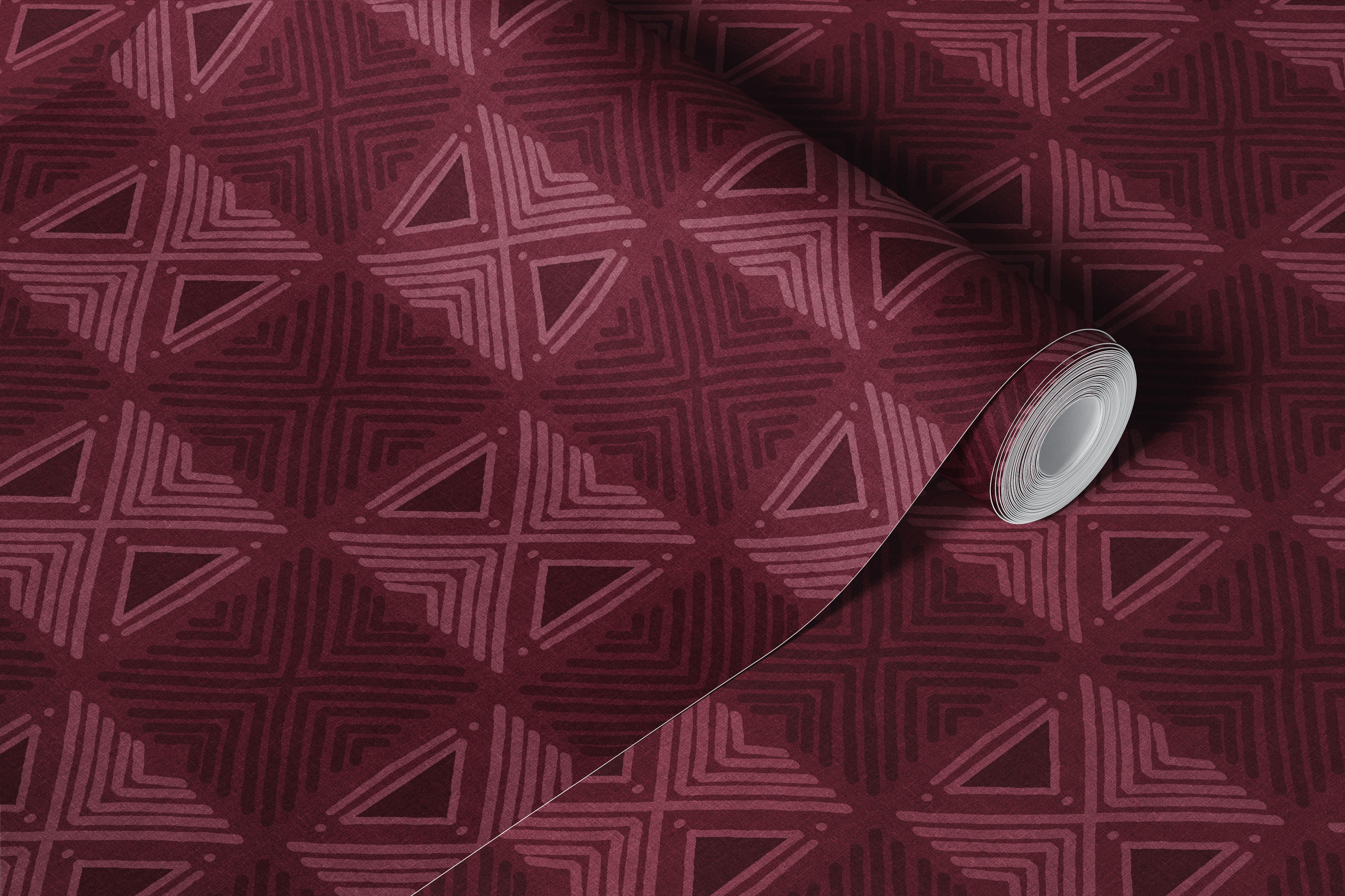 Burgundy geometric pattern wallpaper featuring tribal motifs