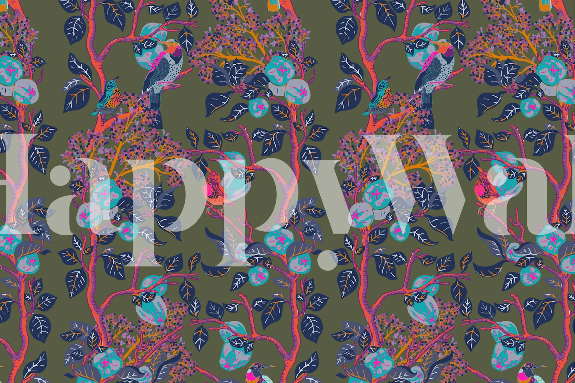 Colorful woodpeckers and flowers on dark background wallpaper