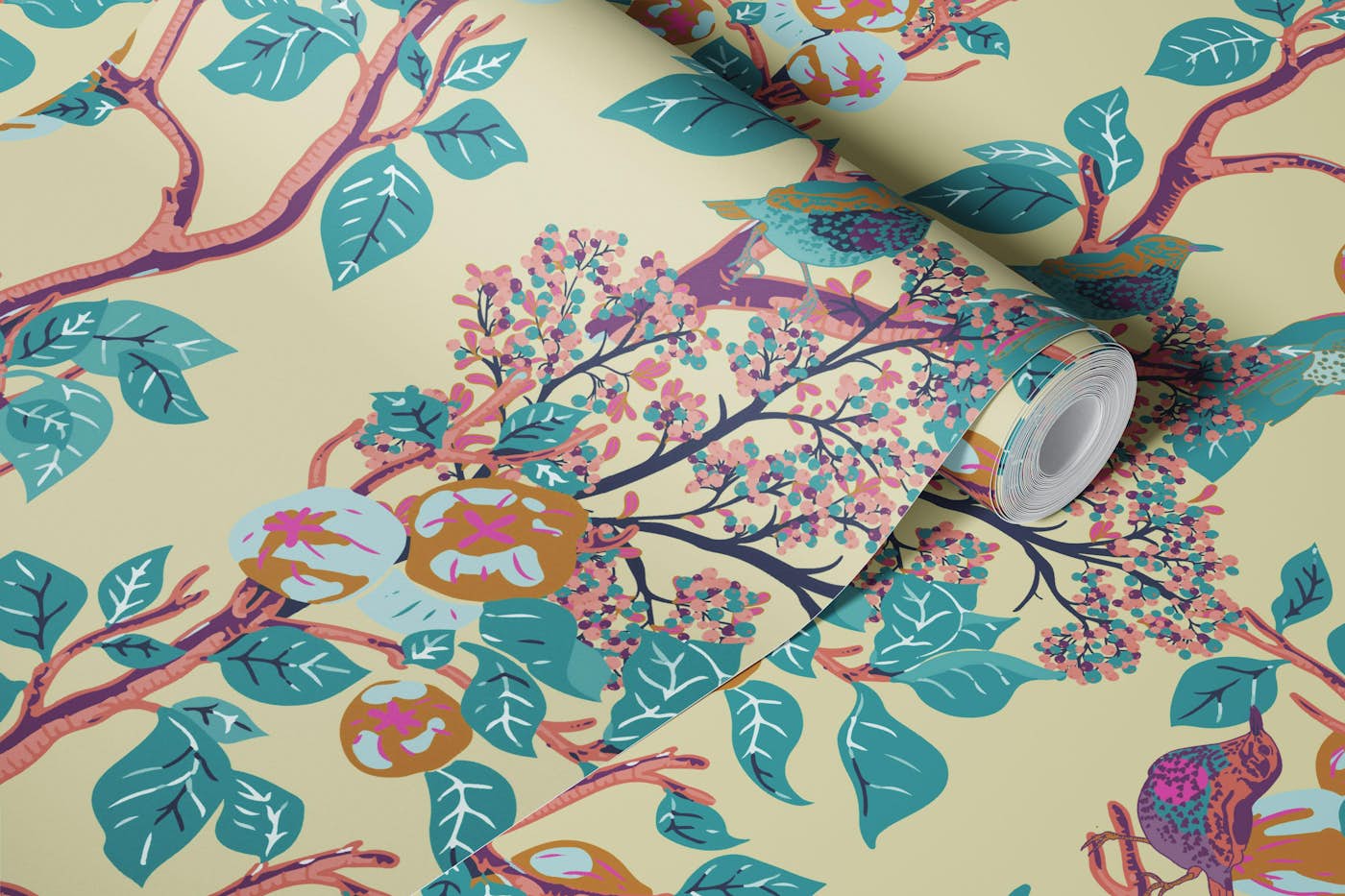 Woodpeckers in Pastel Yellow Mural wallpaper roll