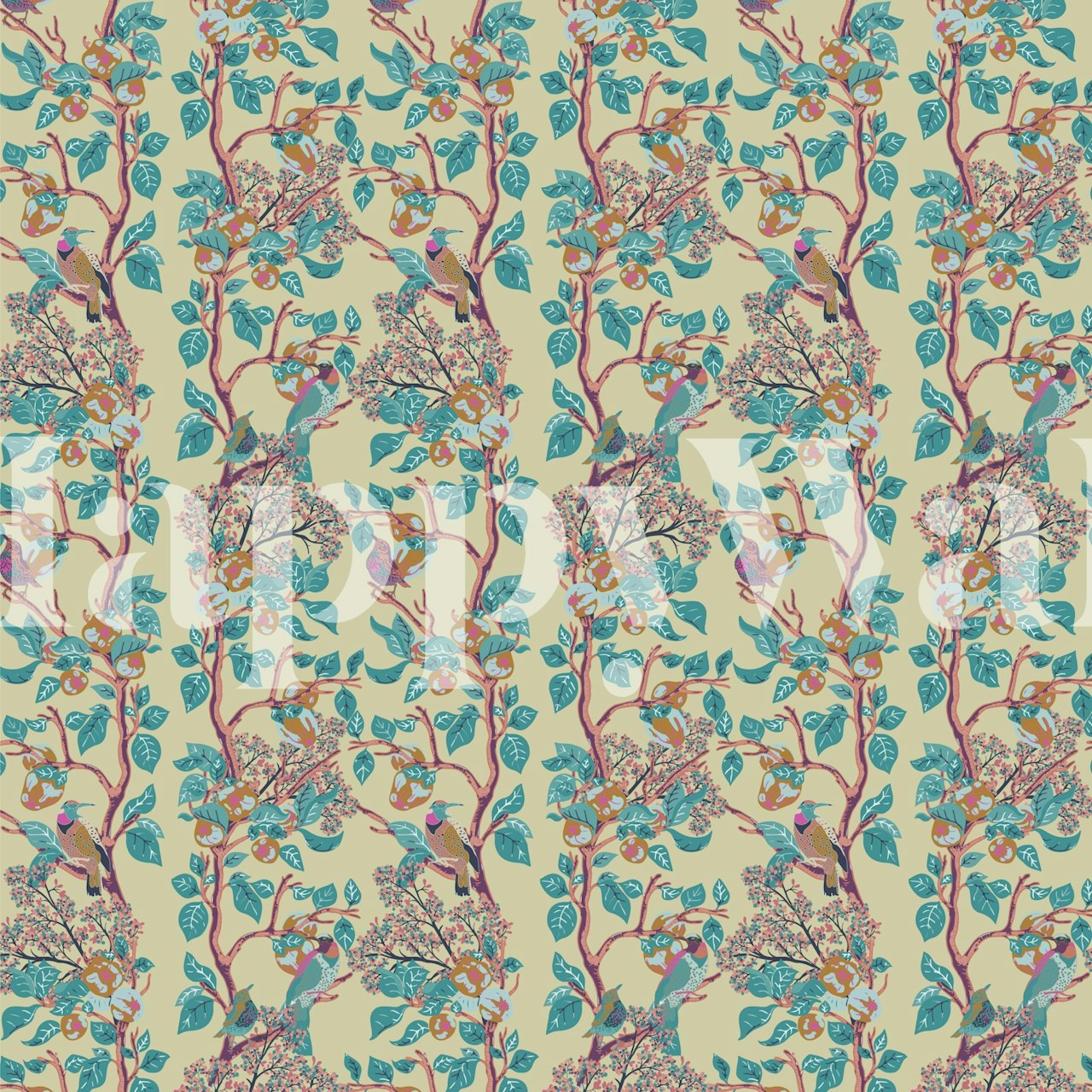 Woodpeckers perched on branches with colorful leaves in pastel yellow floral wallpaper