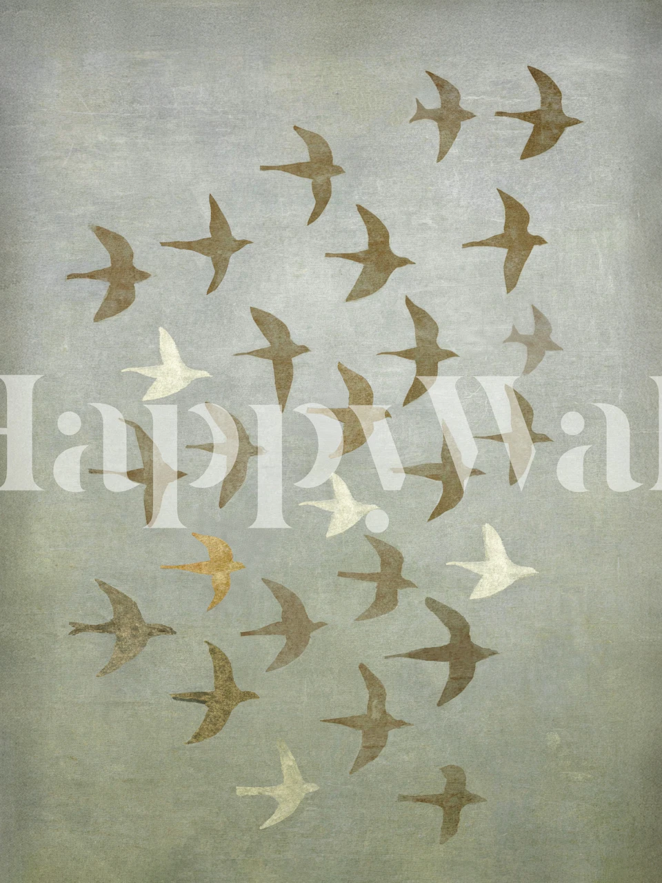 Birds in neutral tones flying across a grey background wallpaper