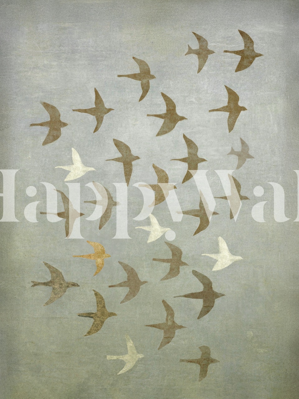 Birds in neutral tones flying across a grey background wallpaper