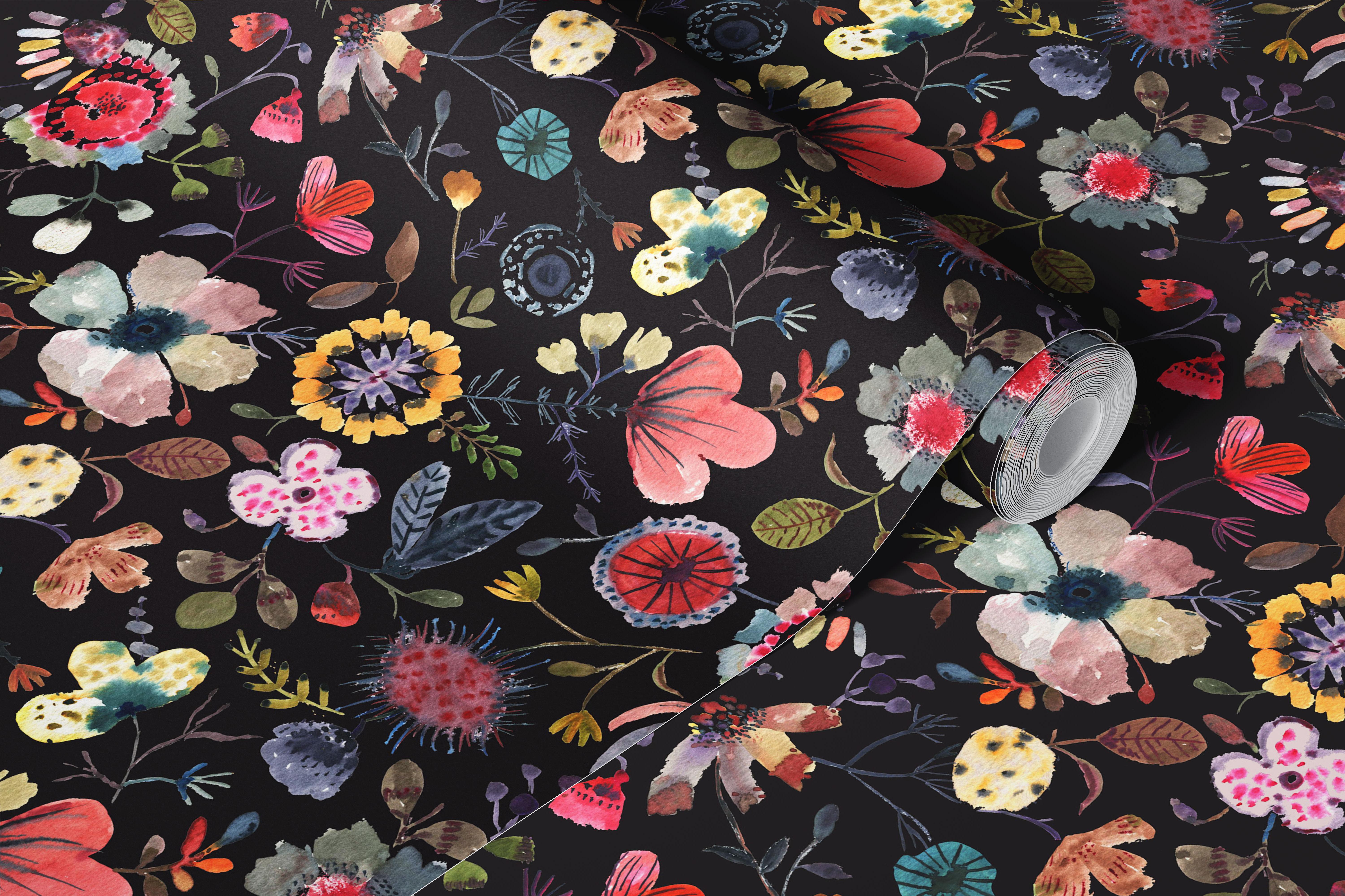 Colorful floral pattern on black background wallpaper