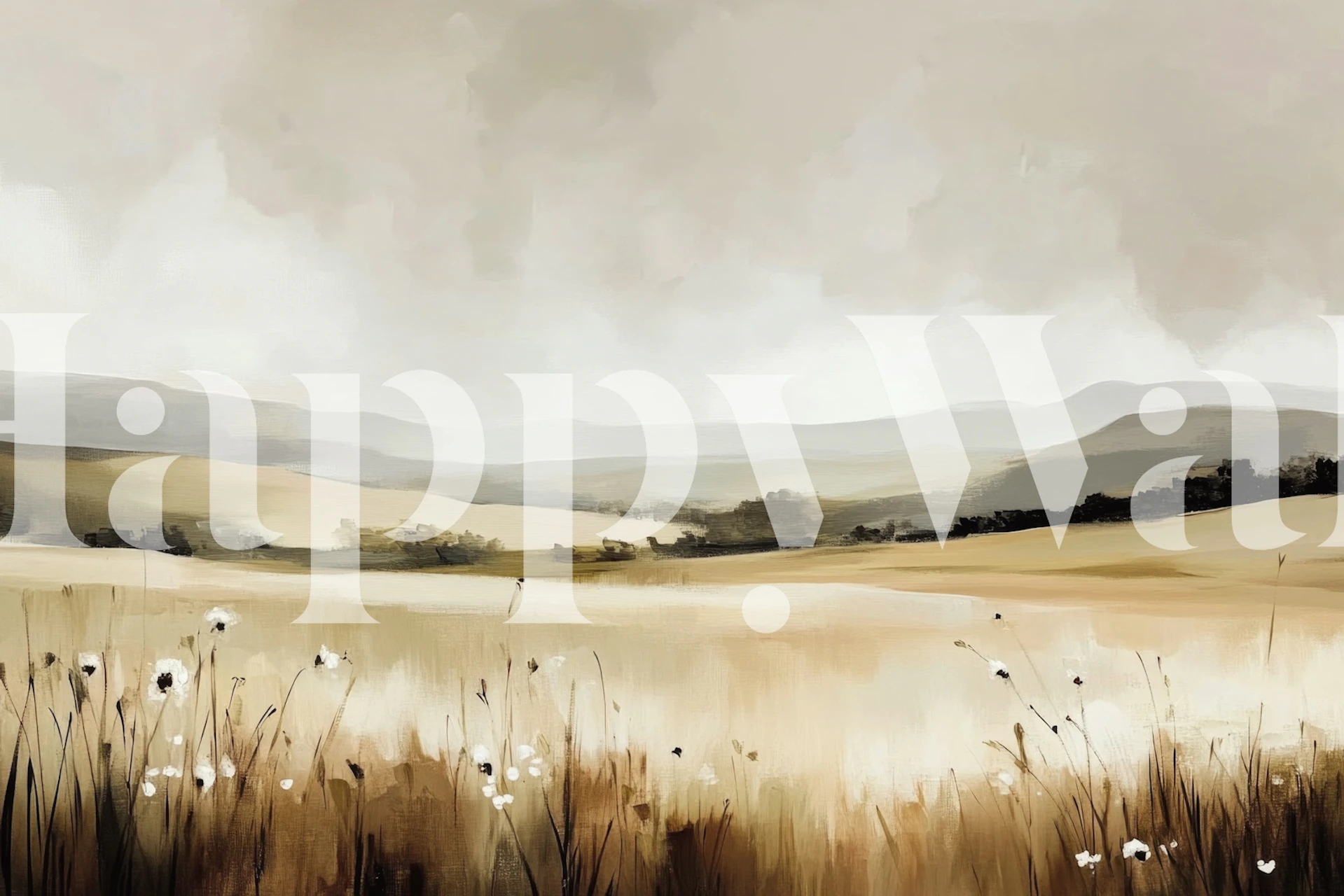 Amber landscape with fields and flowers in grey and beige tones wallpaper