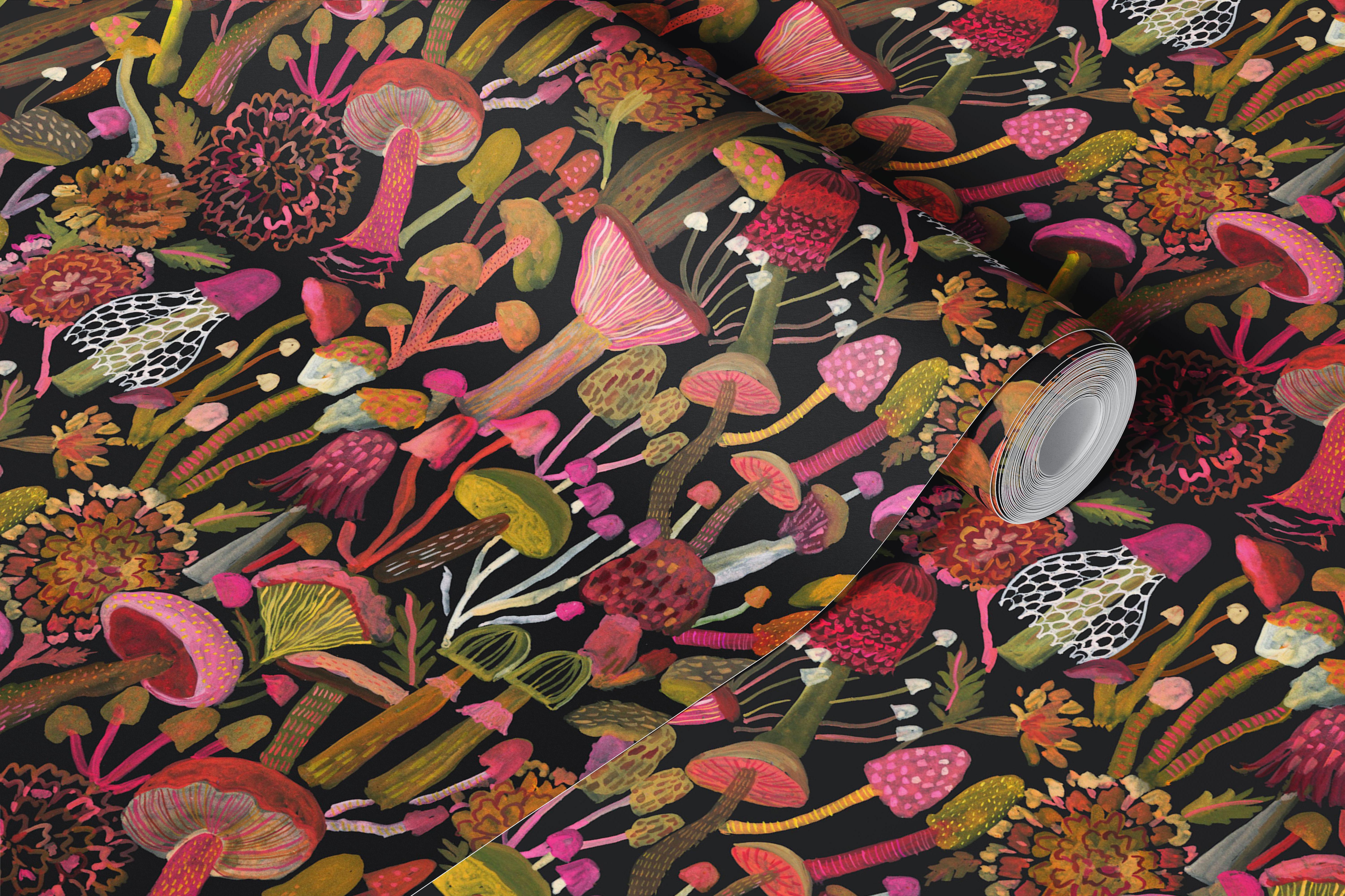 Colorful mushroom patterns on dark background wallpaper