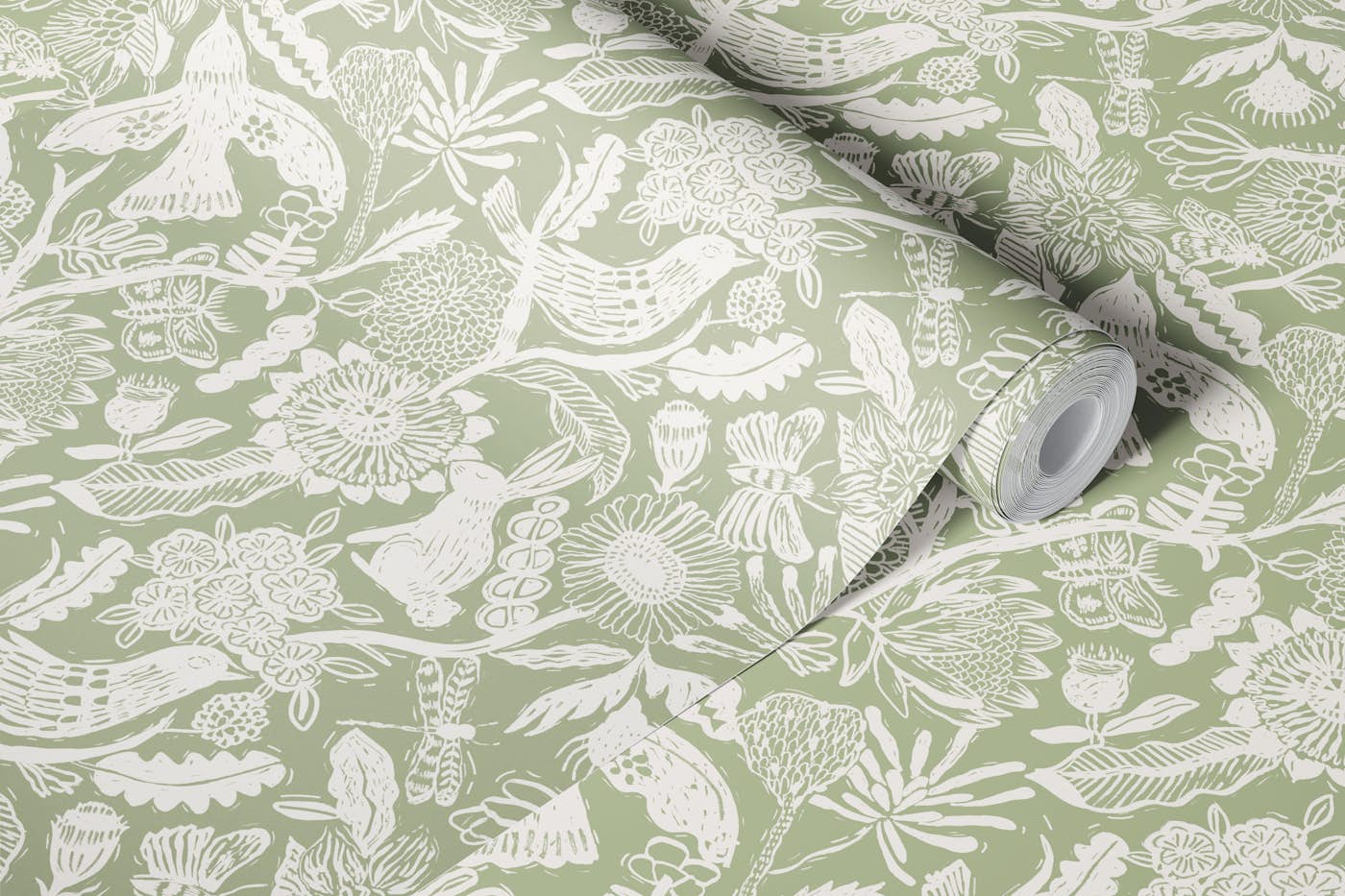 Linocut Print Sage Green wallpaper roll