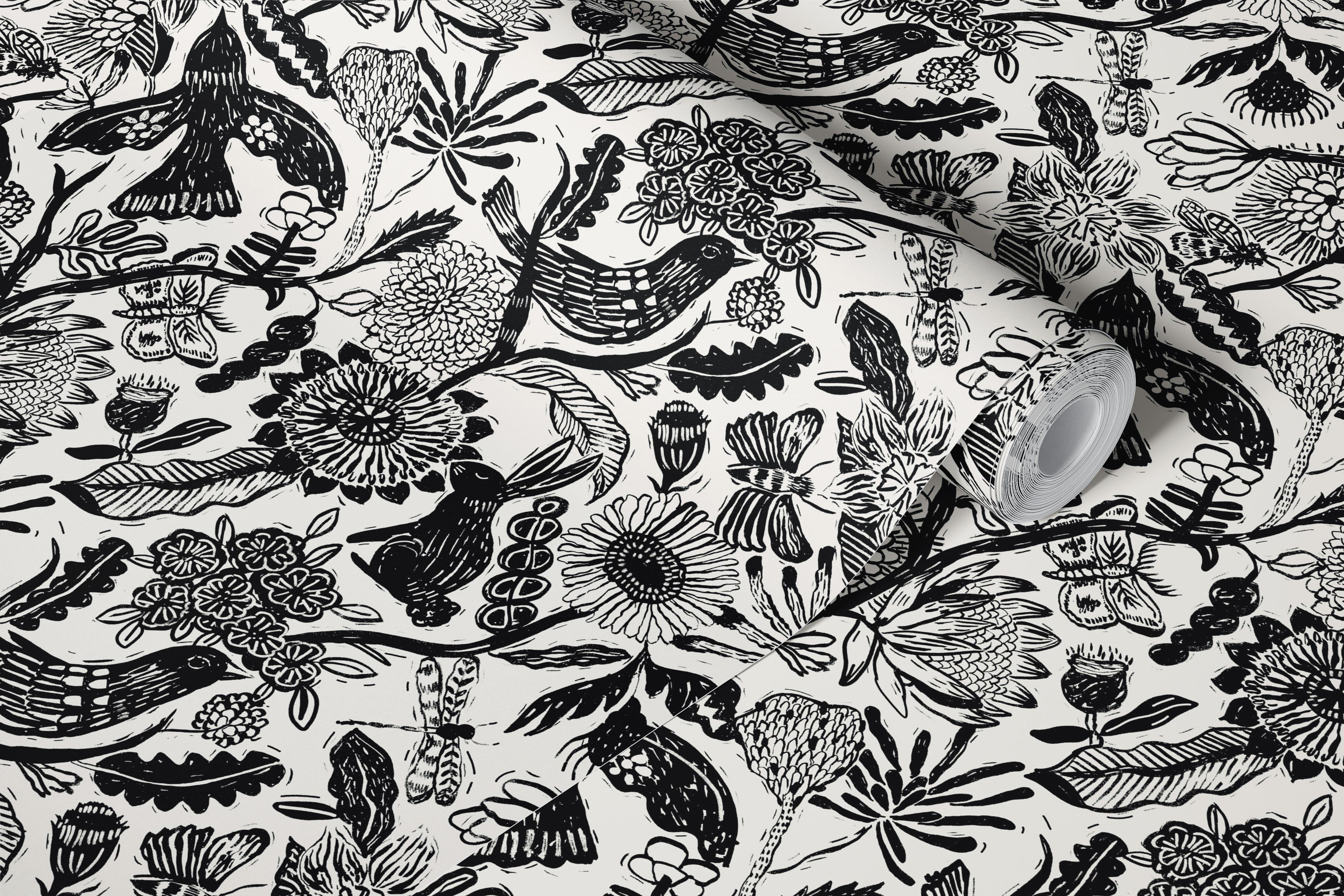 Black floral design featuring animals and flowers wallpaper