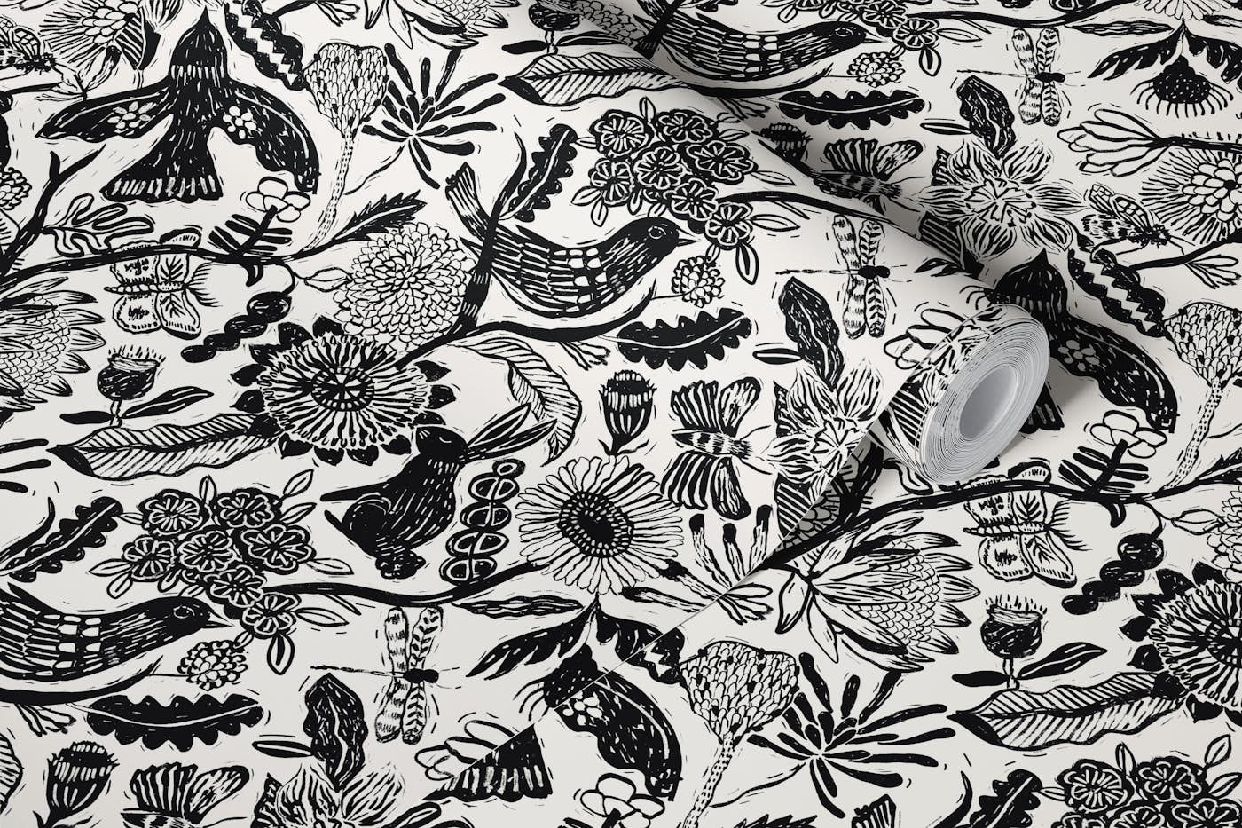Linocut Print Black wallpaper roll