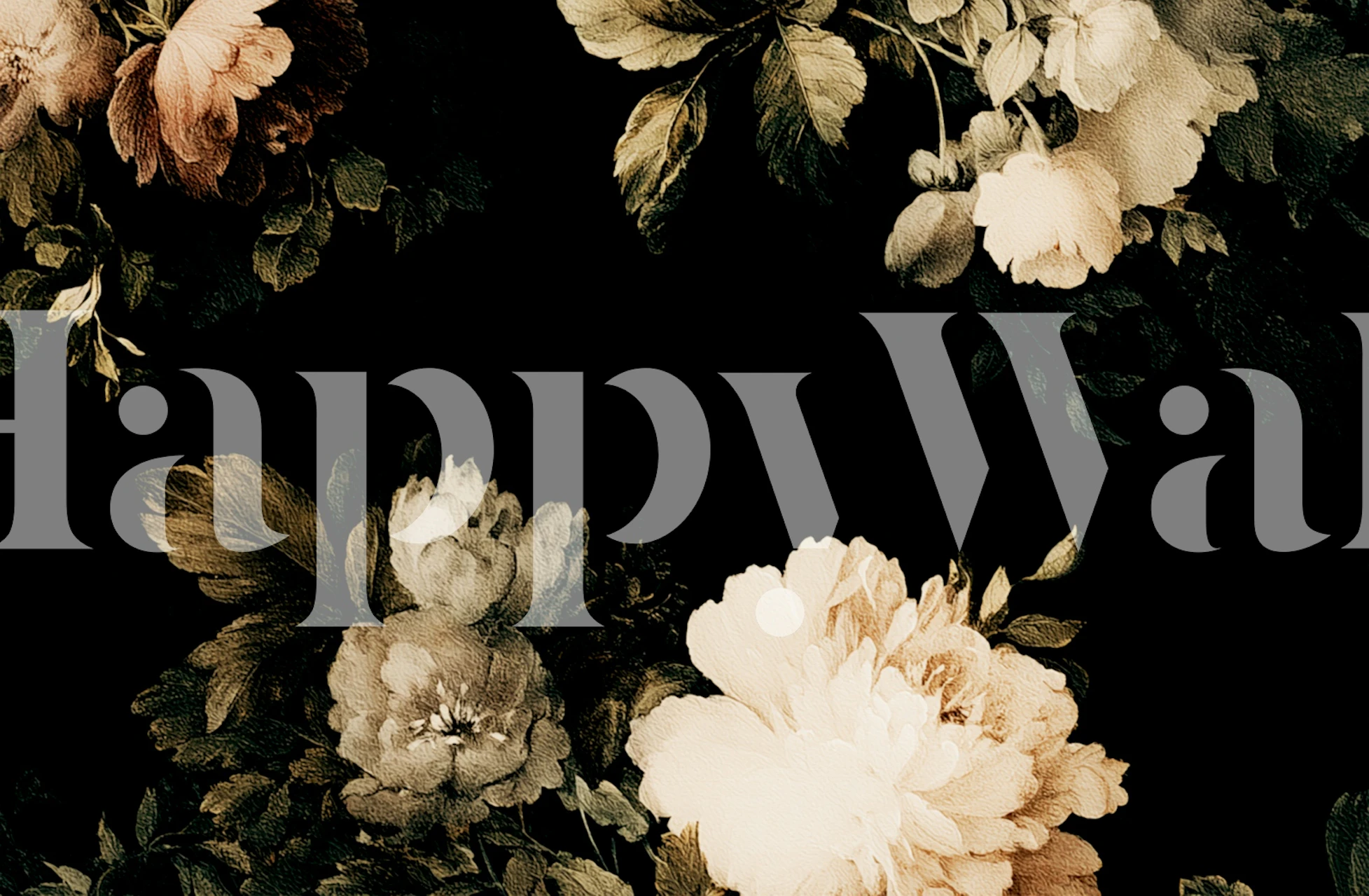 Dark floral wallpaper with peonies in muted colors, botanical design