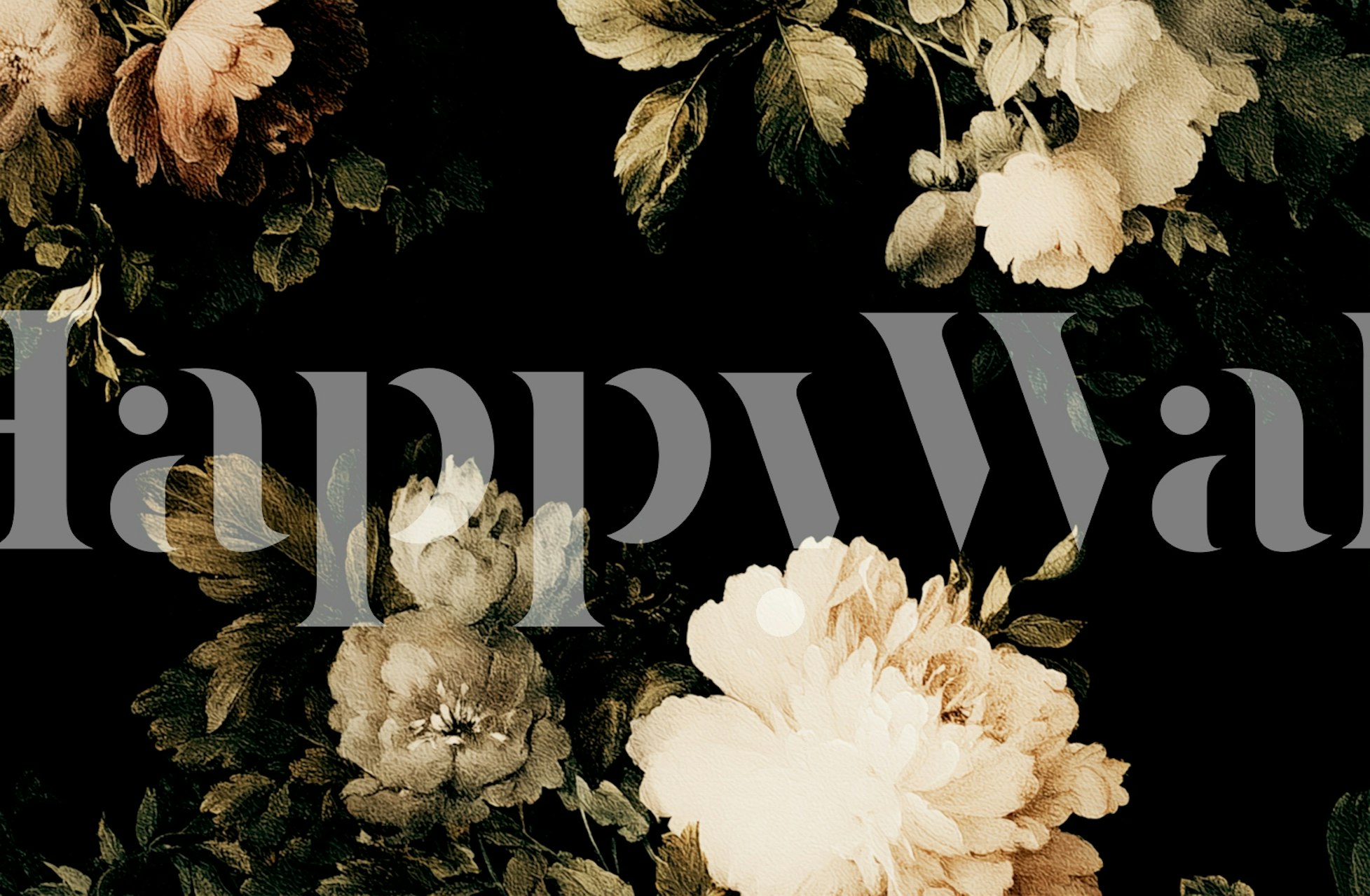 Dark floral wallpaper with peonies in muted colors, botanical design