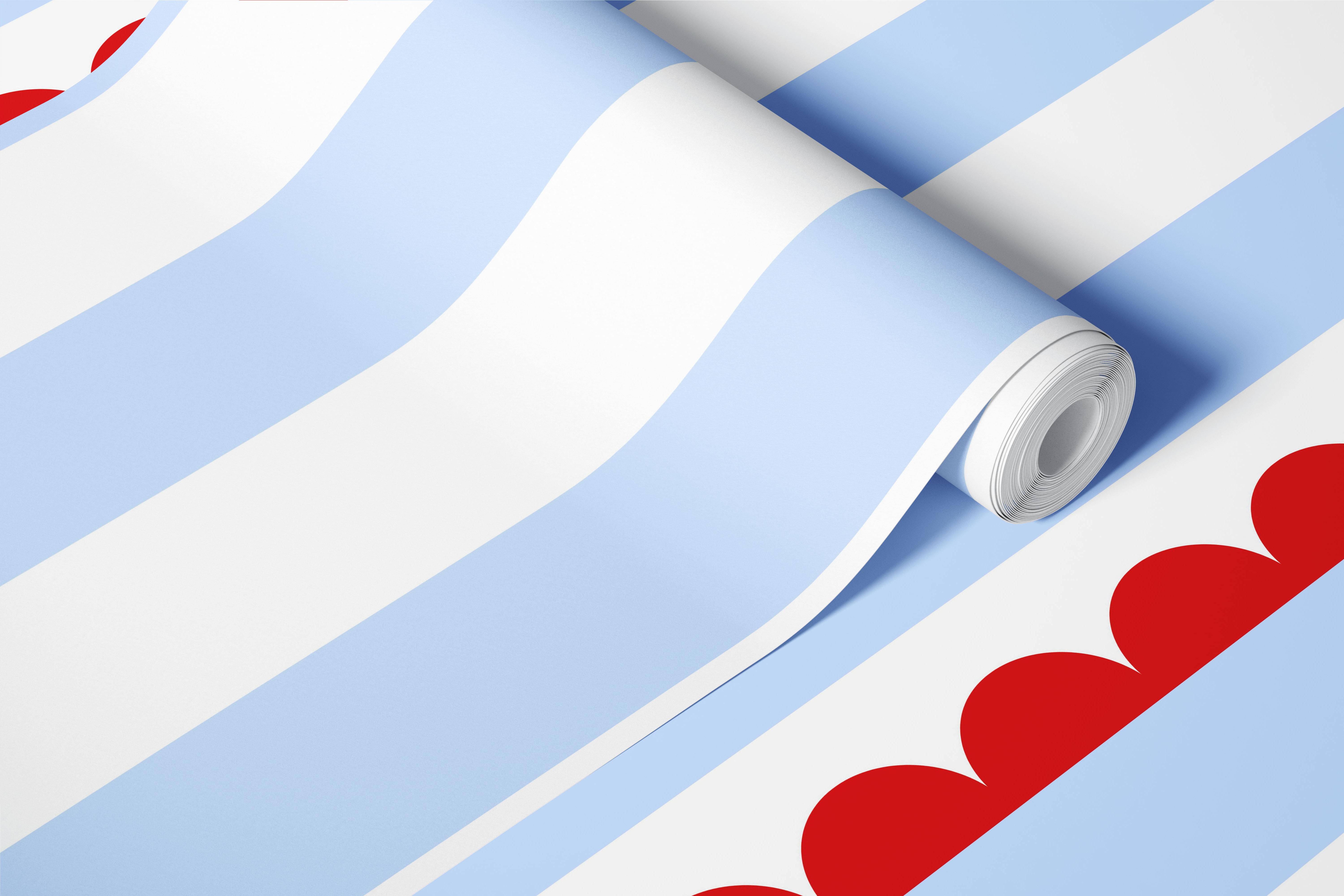 Blue and red striped wallpaper with scalloped pattern