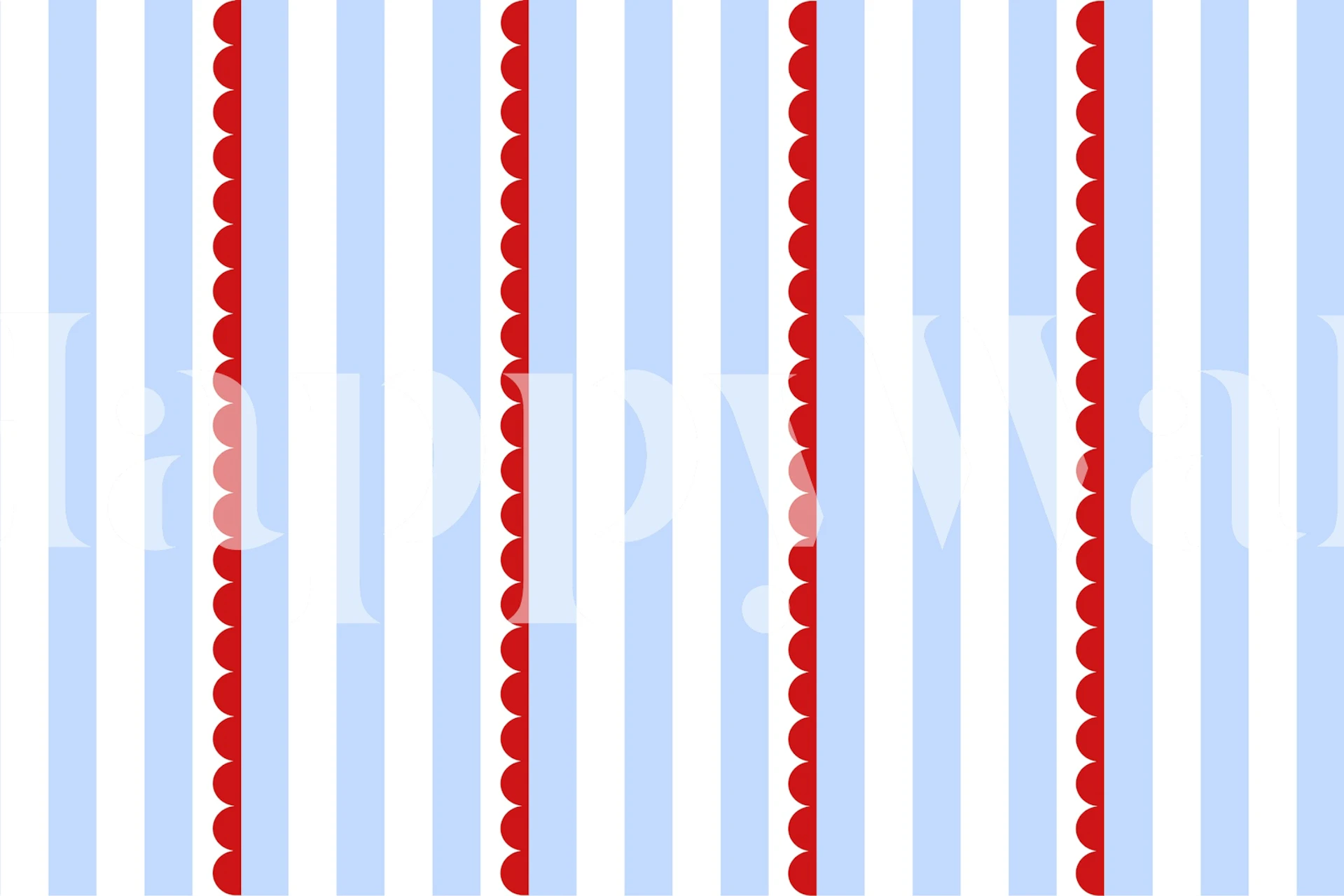Blue and red striped wallpaper with scalloped pattern