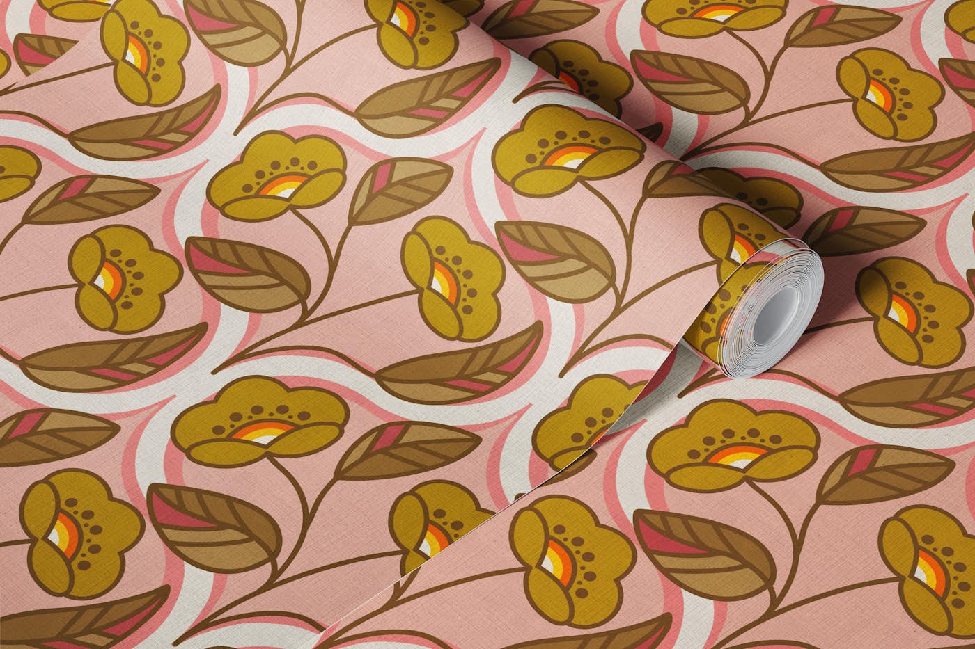 Green Retro Flowers on Pink 70s Ogee wallpaper roll