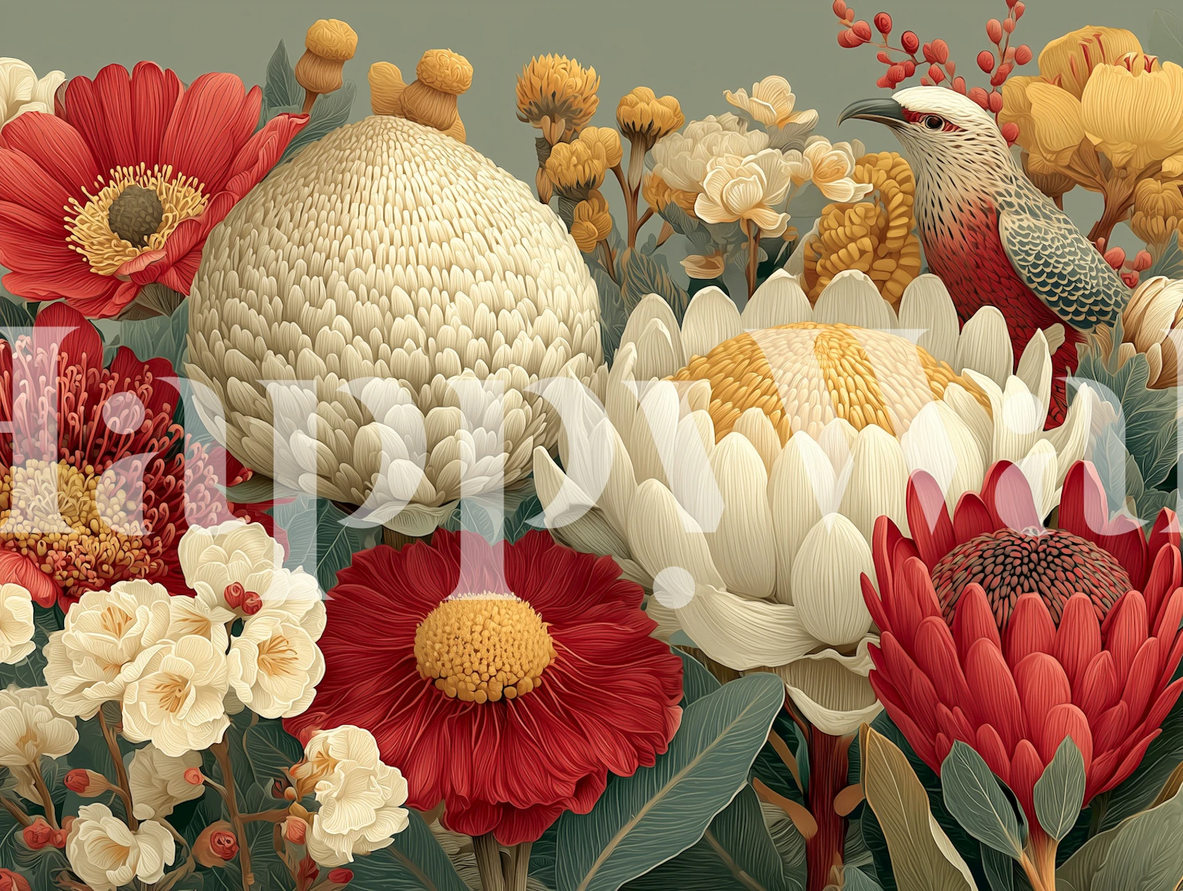 Colorful floral wallpaper featuring red, white, and yellow flowers with a bird