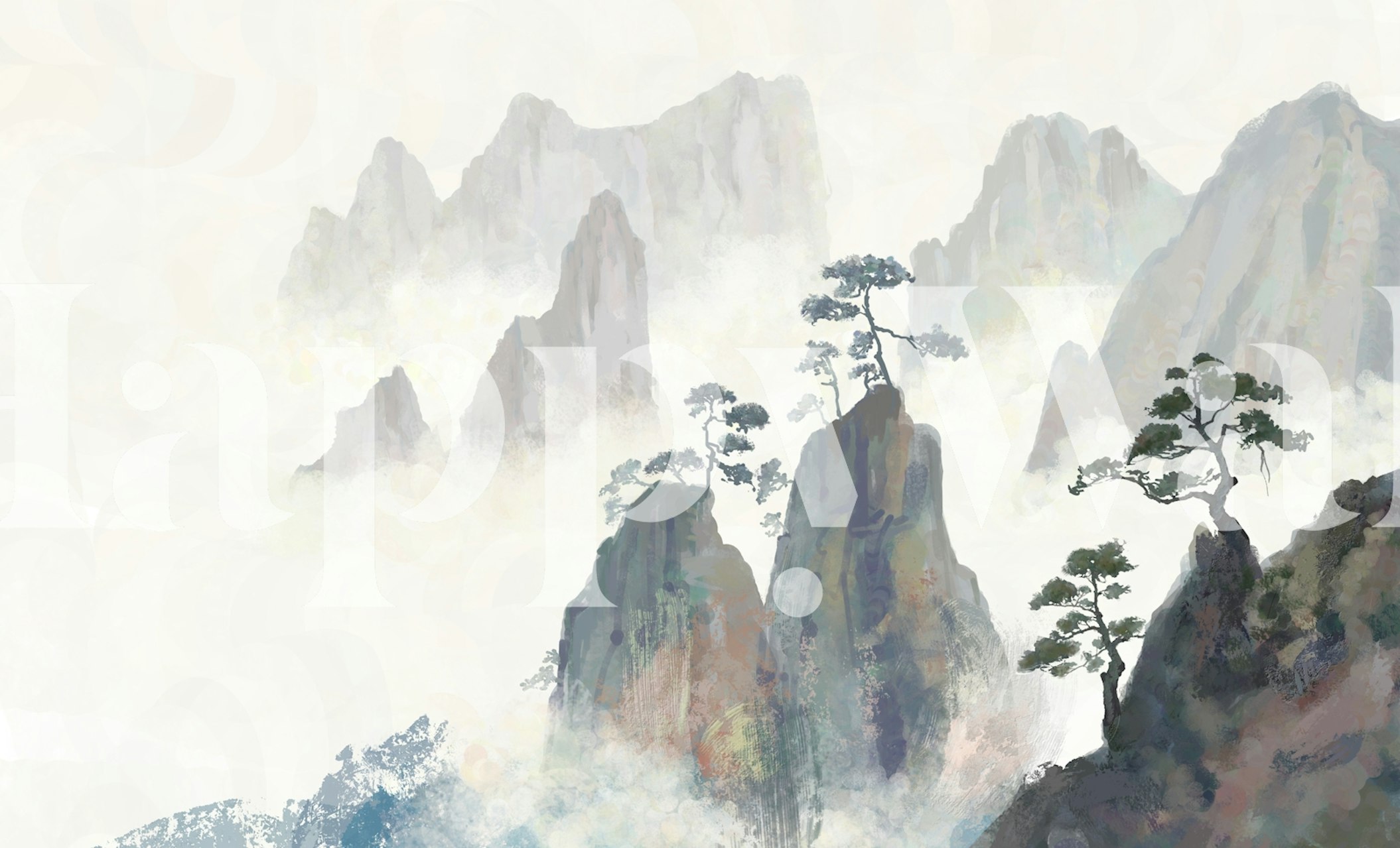 Mountain landscape with mist and trees wallpaper