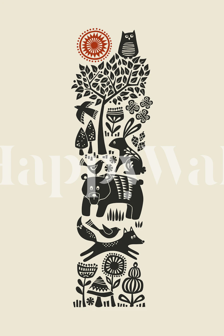 Black forest animal illustrations with trees, flowers, and wildlife wallpaper