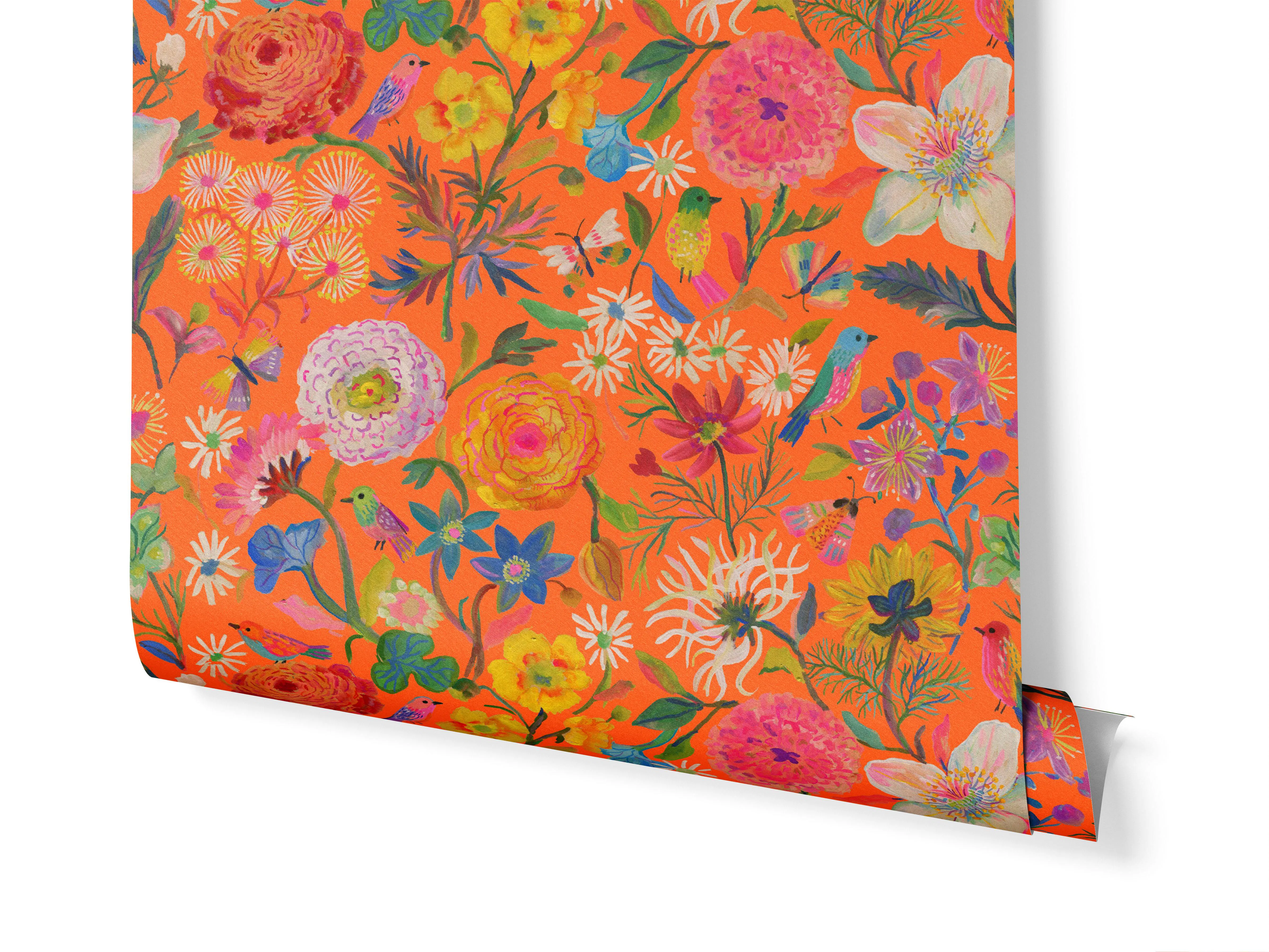 Buttercups Vintage handpainted Florals Orange wallpaper roll