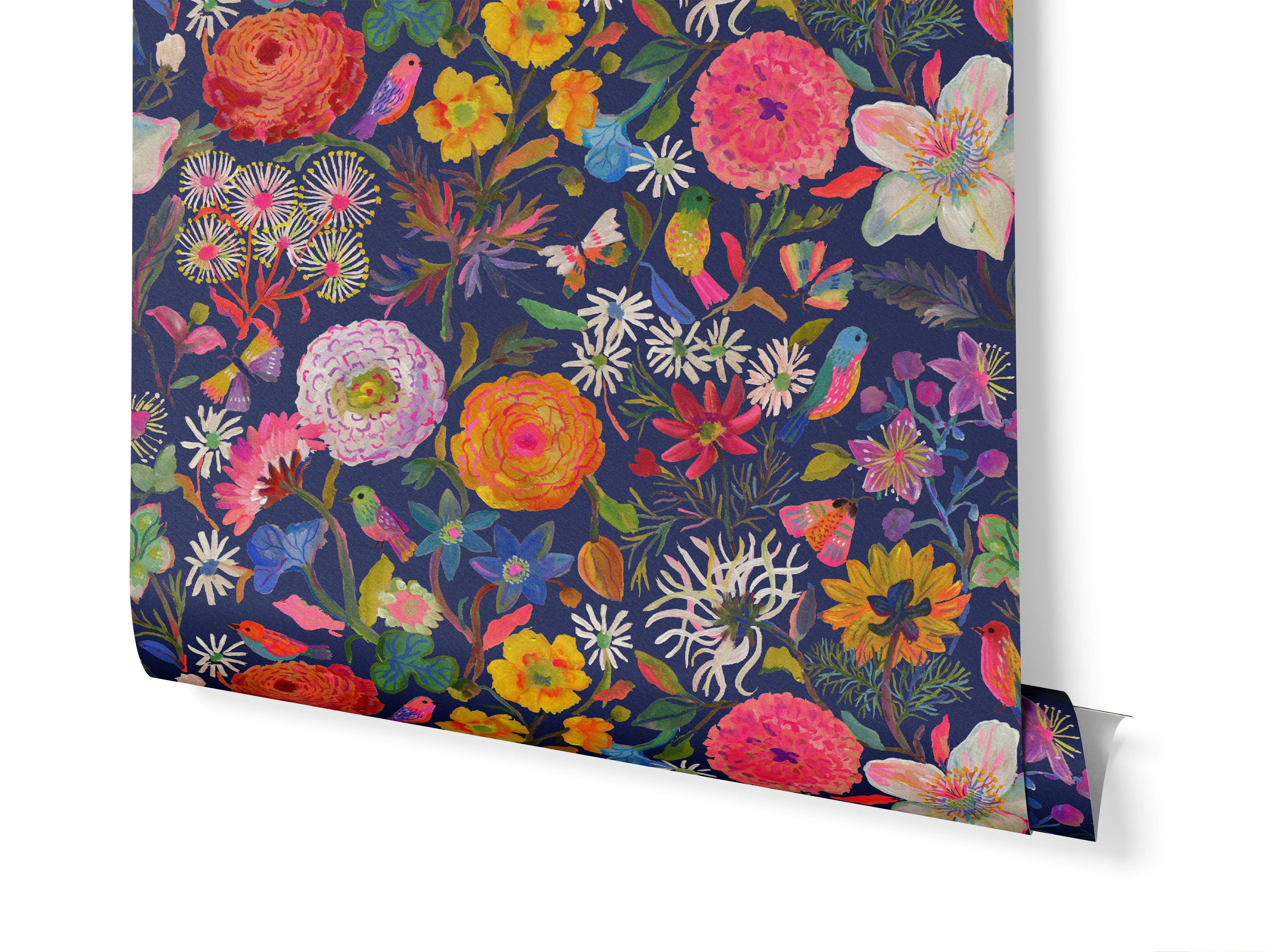 Buttercups ranunculus Lush Florals Navy Blue wallpaper roll