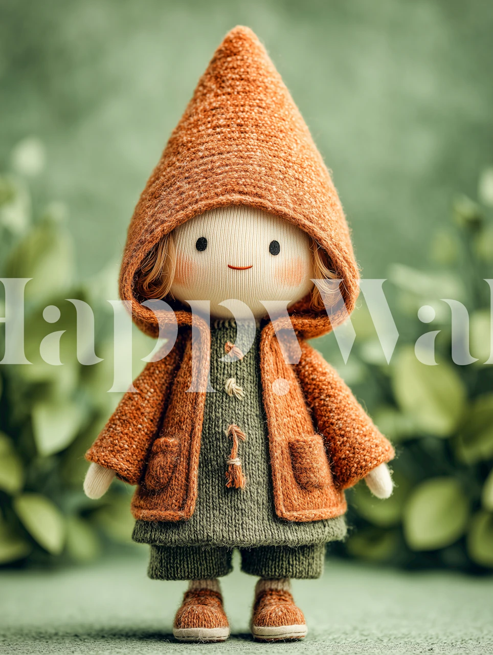 Cute knitted gnome in orange coat with green background wallpaper