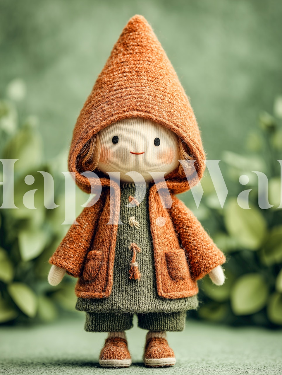 Cute knitted gnome in orange coat with green background wallpaper
