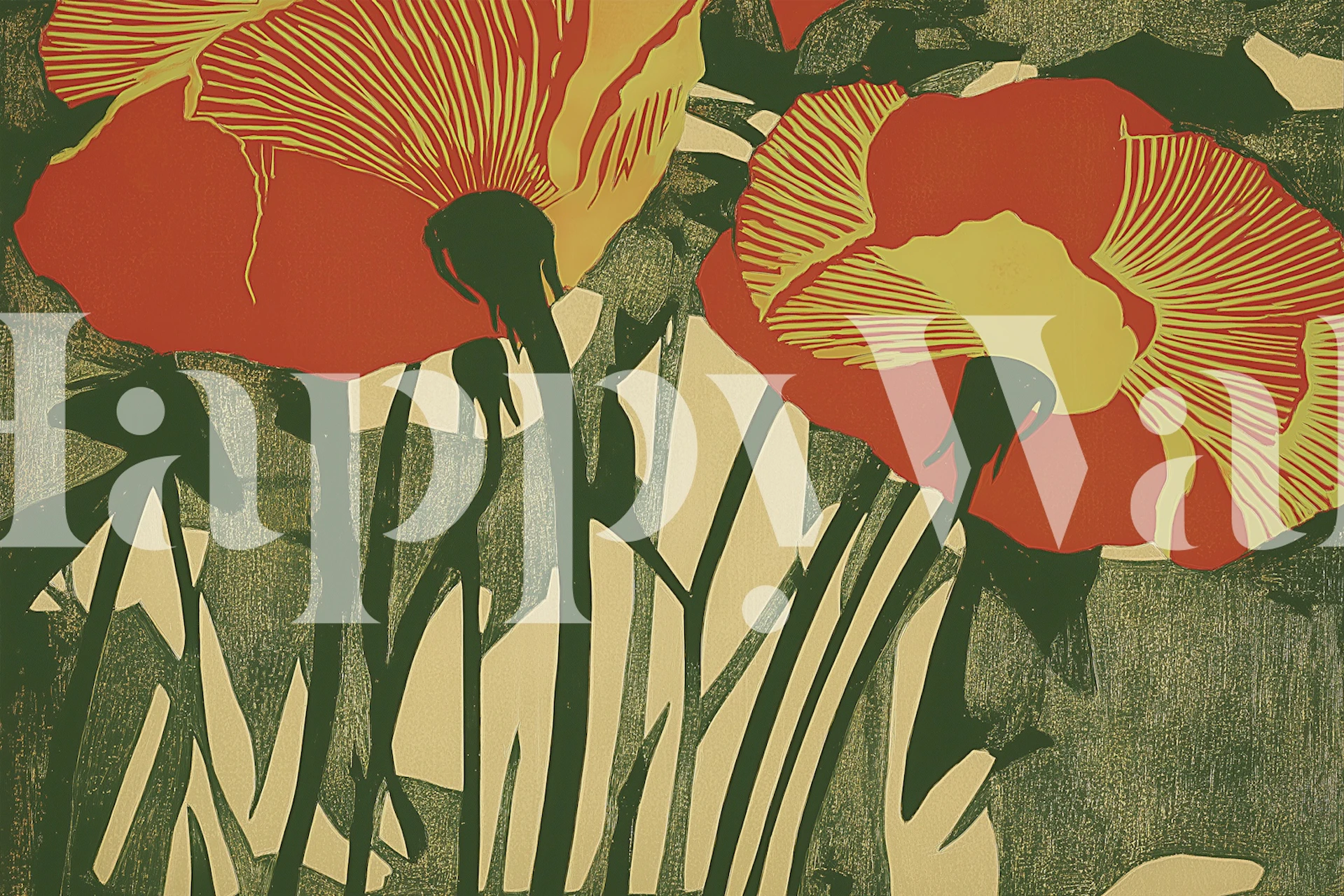 Red poppy flowers with yellow centers on green background wallpaper