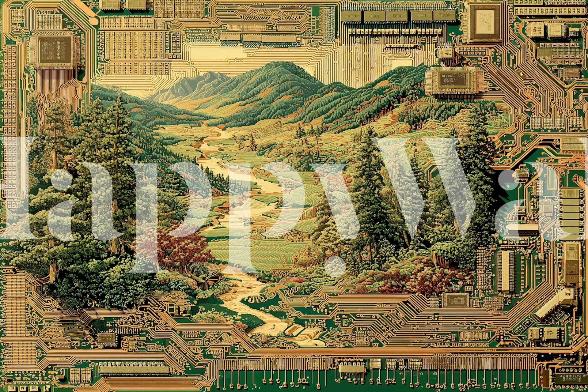 Cybernetic Landscape wallpaper in a room