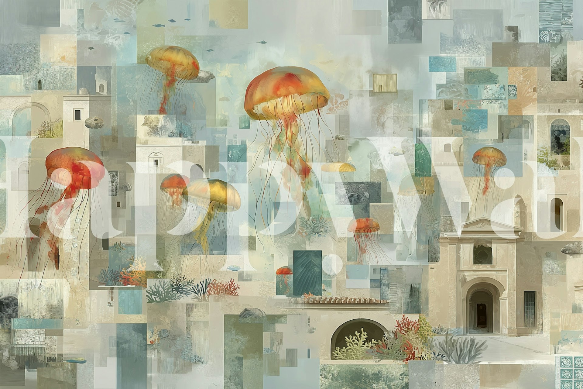 Papel de parede Underwater Jelly Cityscape em um quarto