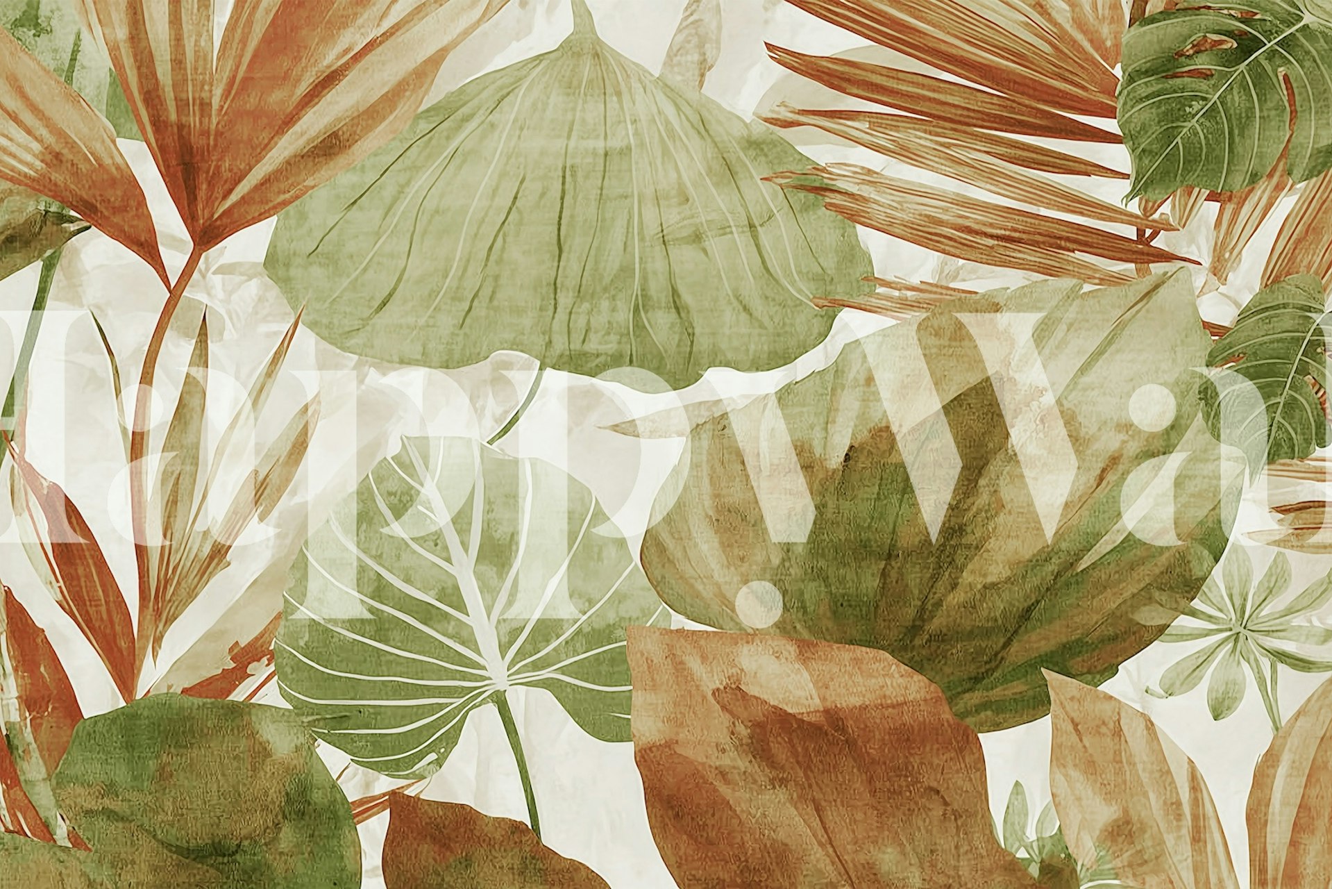 Large green and brown botanical leaves wallpaper