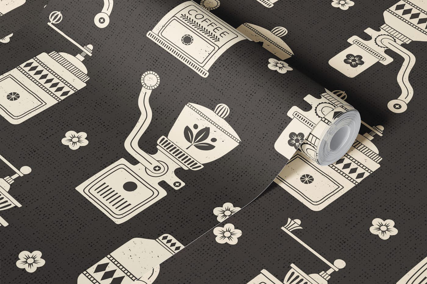 Vintage coffee grinders cafe core dark wallpaper roll