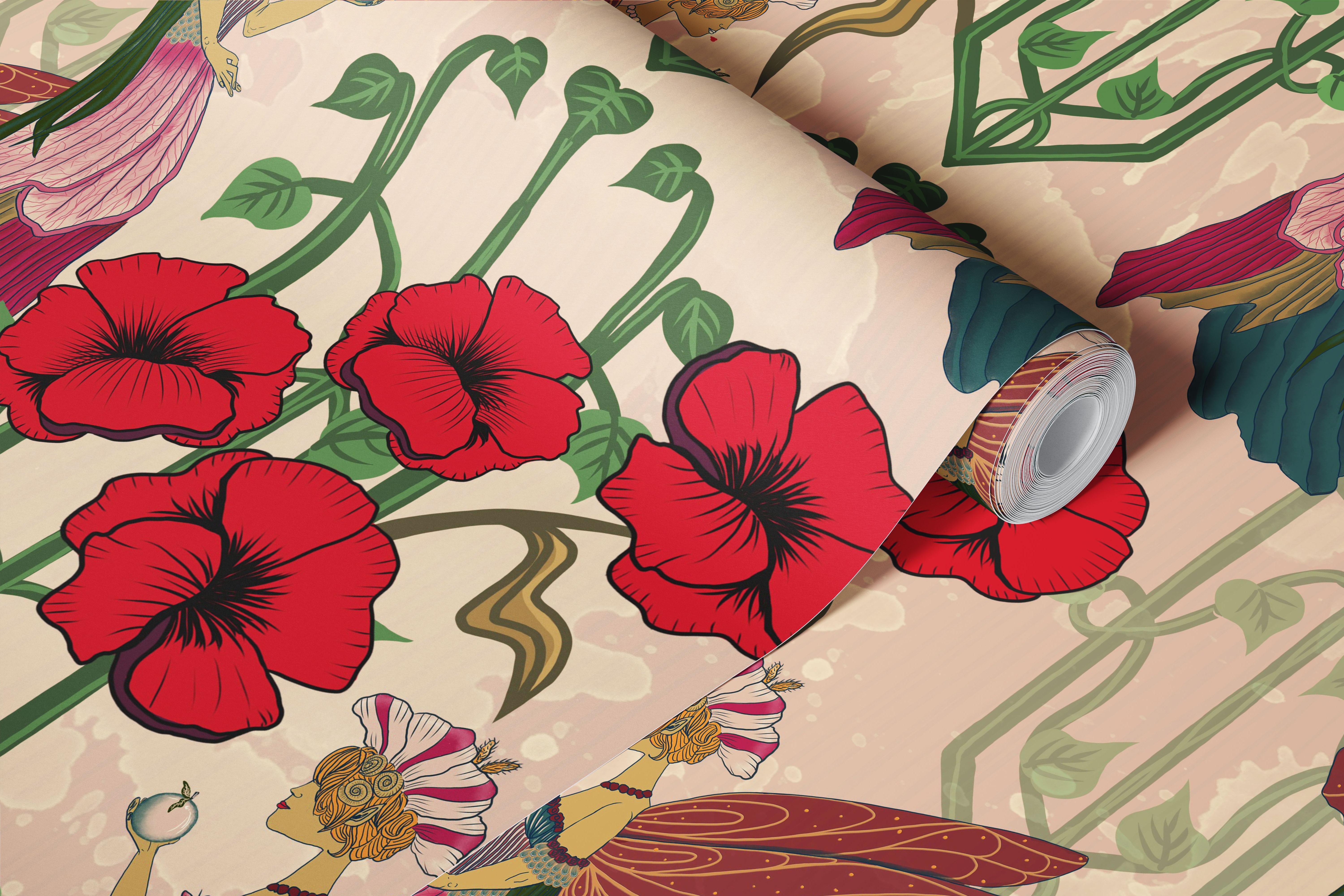 Vibrant red and green floral pattern wallpaper