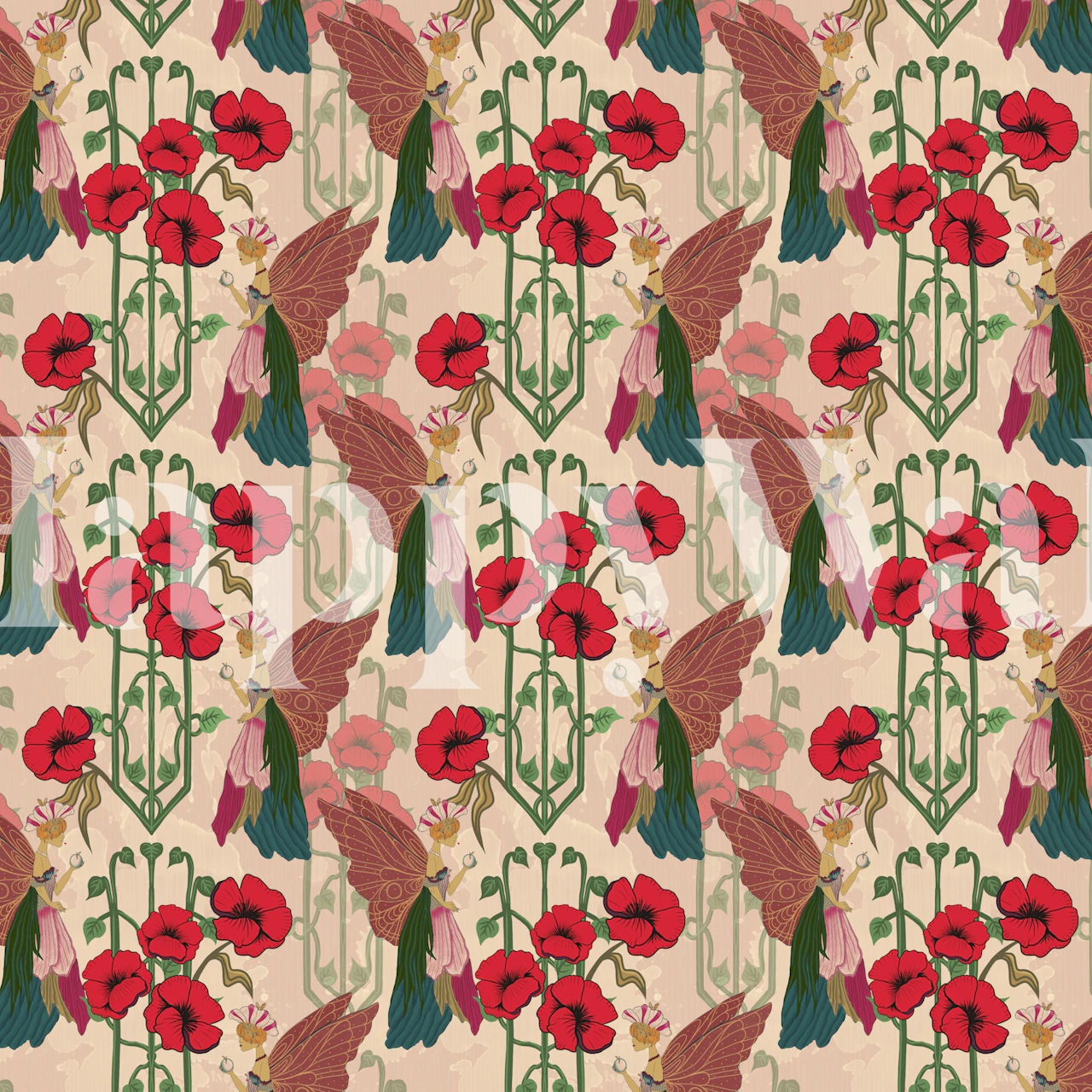 Vibrant red and green floral pattern wallpaper