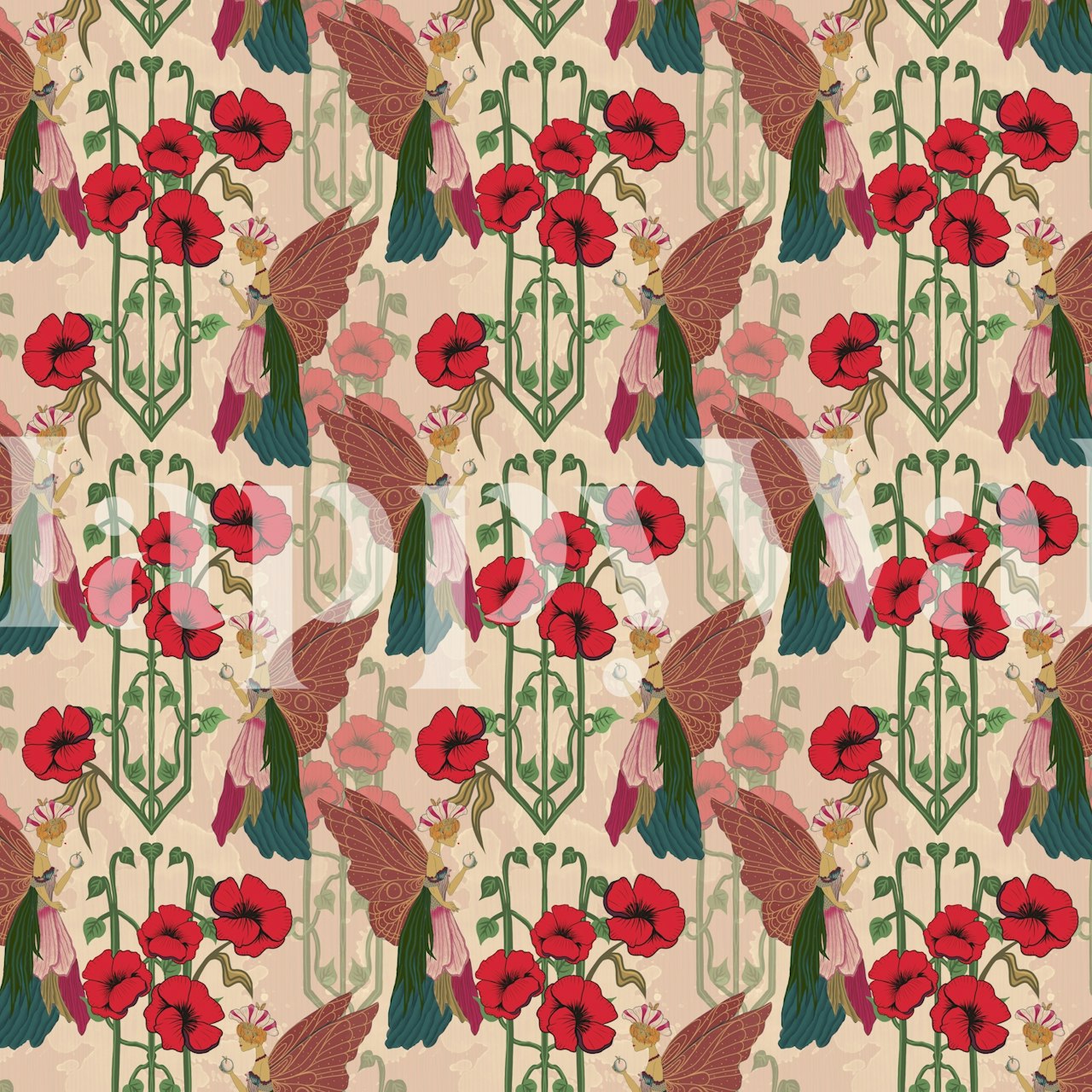 Vibrant red and green floral pattern wallpaper